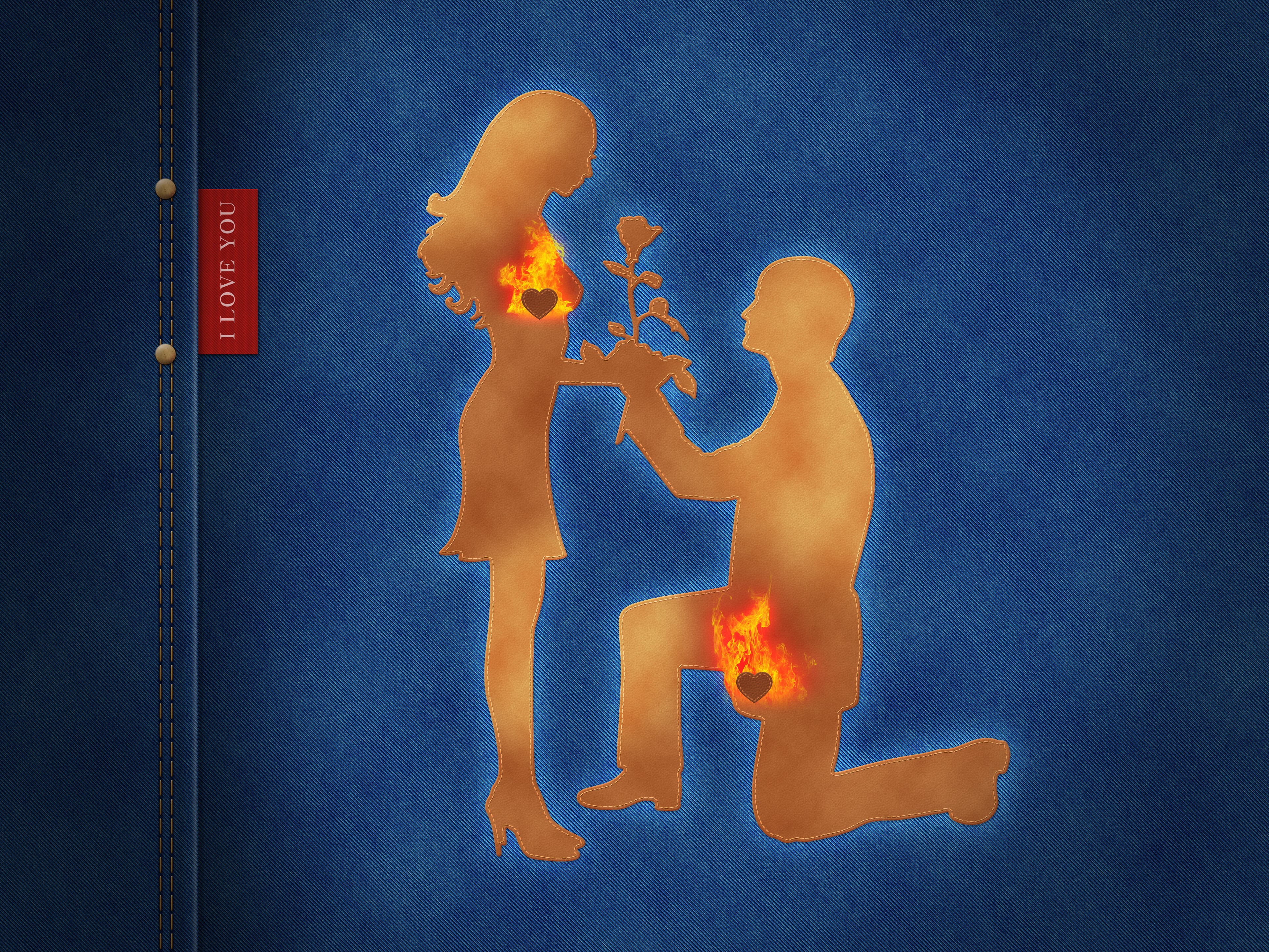 Couple with burning hearts on denim background HD Wallpaper