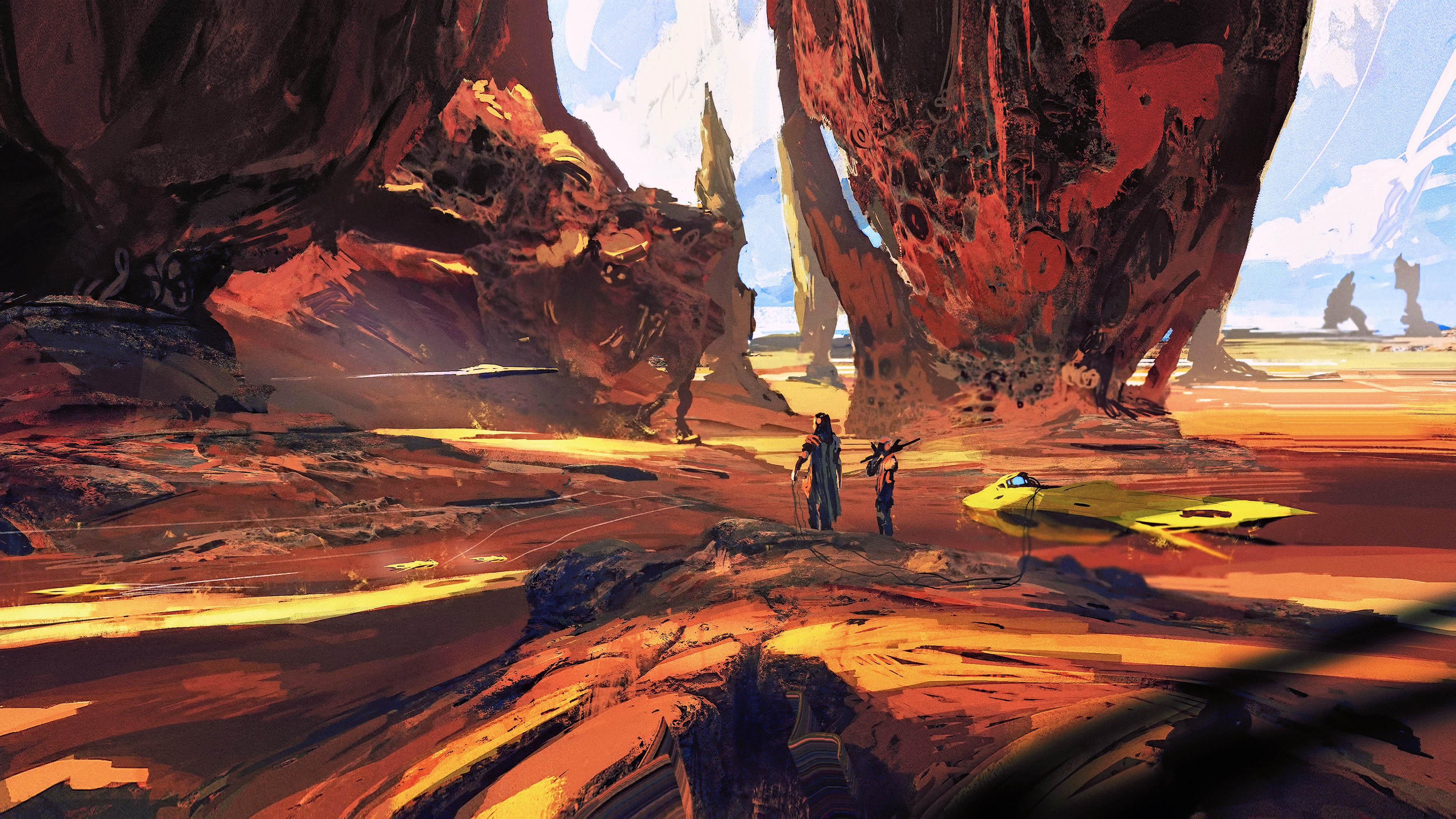 Two figures and a yellow vehicle on a rocky alien planet HD Wallpaper