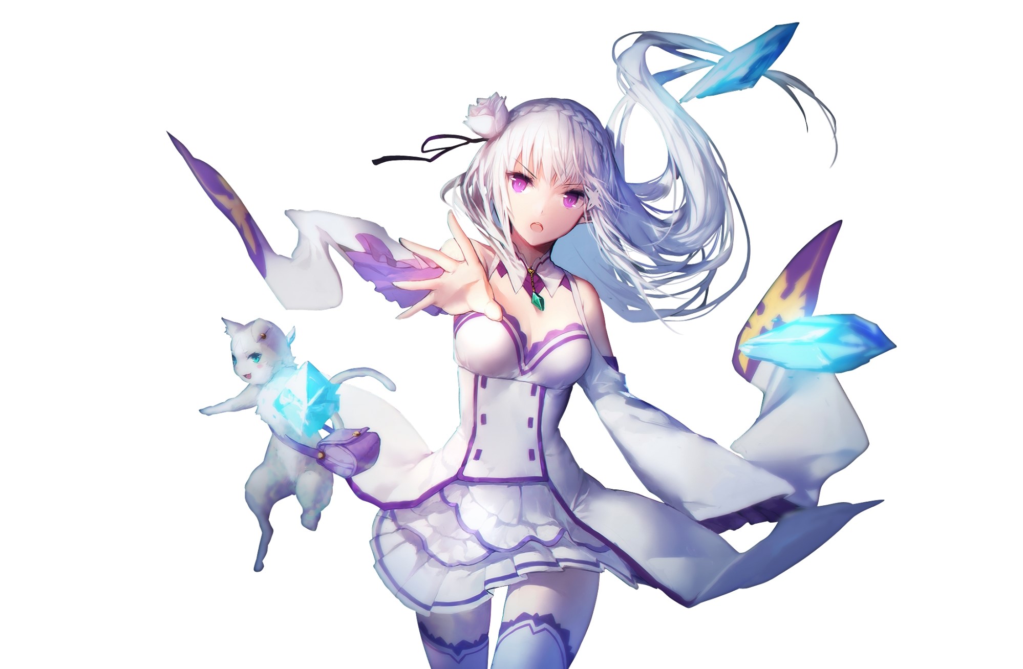 Emilia from Re:Zero with Puck and ice crystals HD Wallpaper