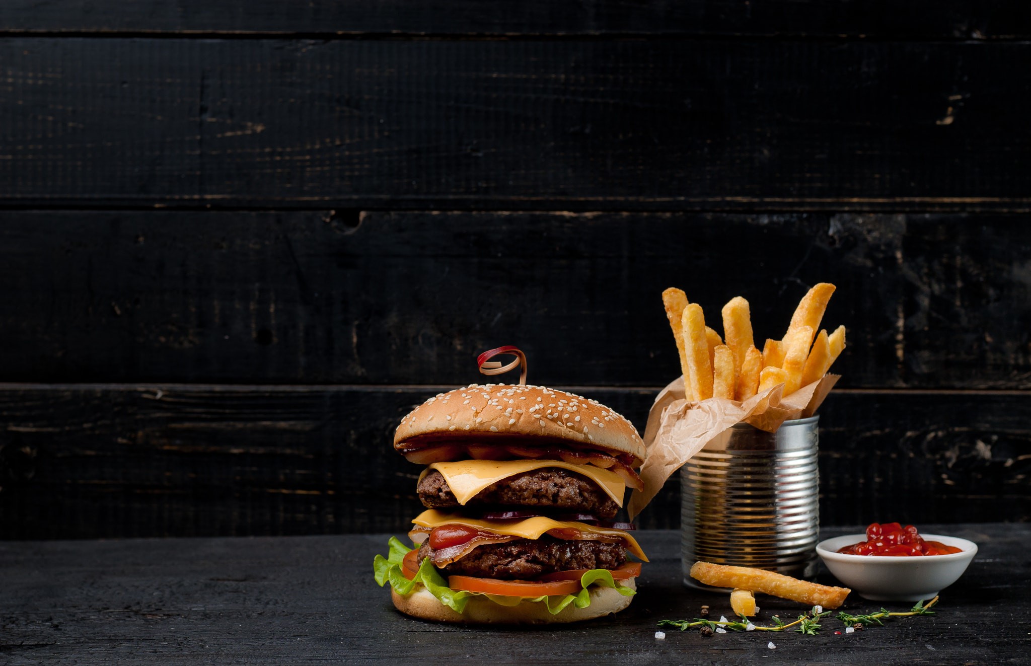 Double cheeseburger with fries and ketchup HD Wallpaper