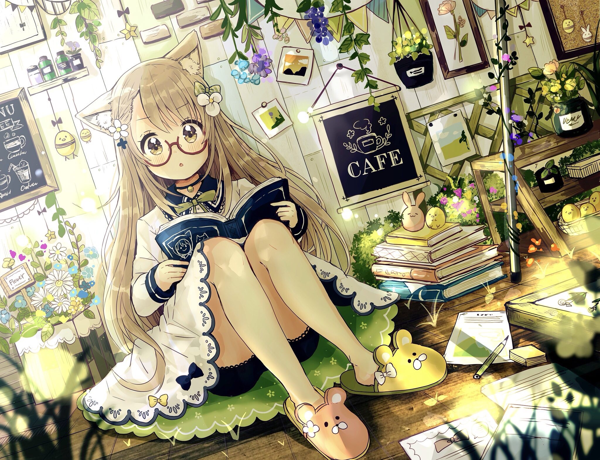 Anime girl with cat ears reading a book in a cafe HD Wallpaper