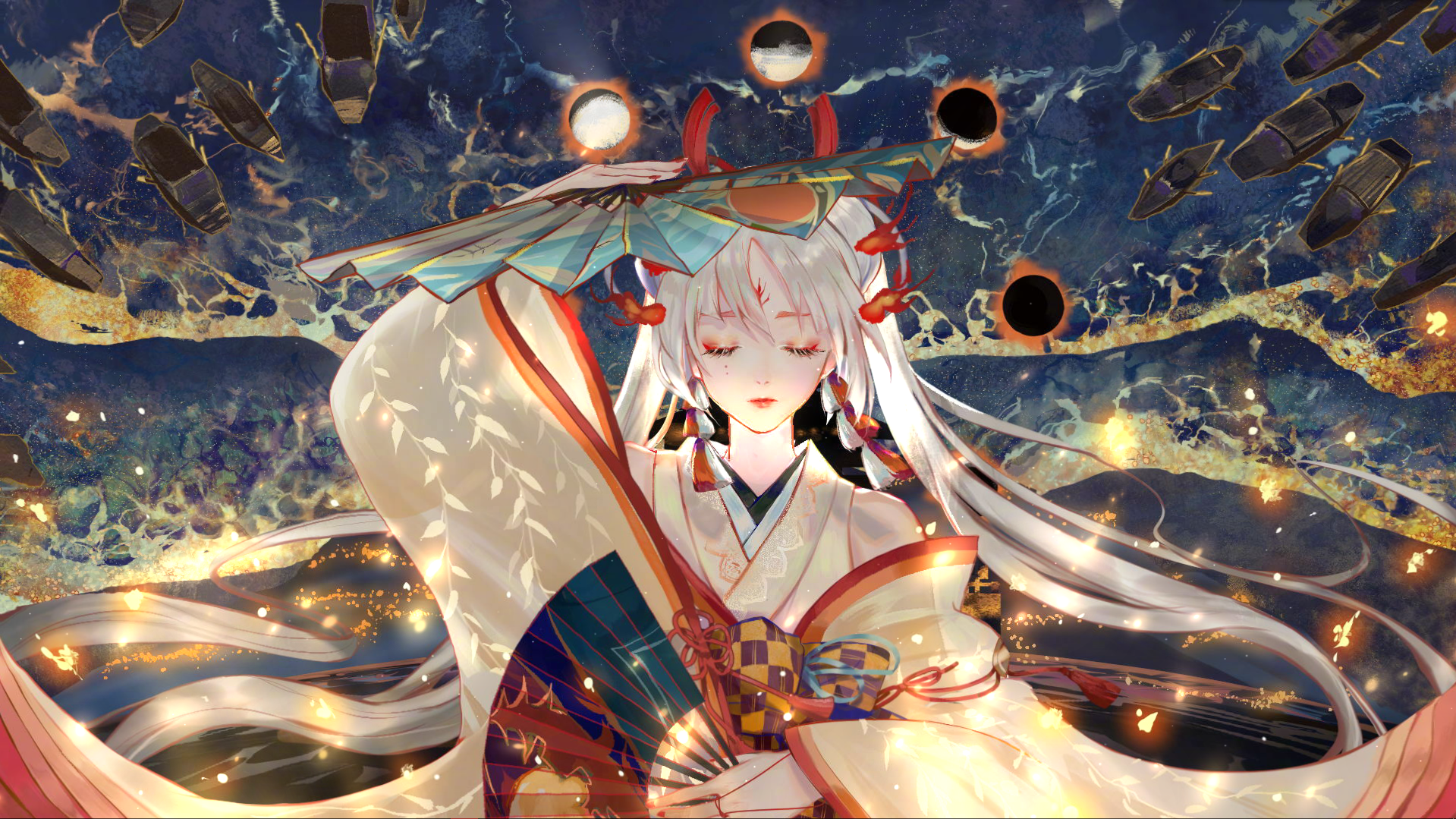 Anime girl in traditional Japanese attire holding a fan HD Wallpaper