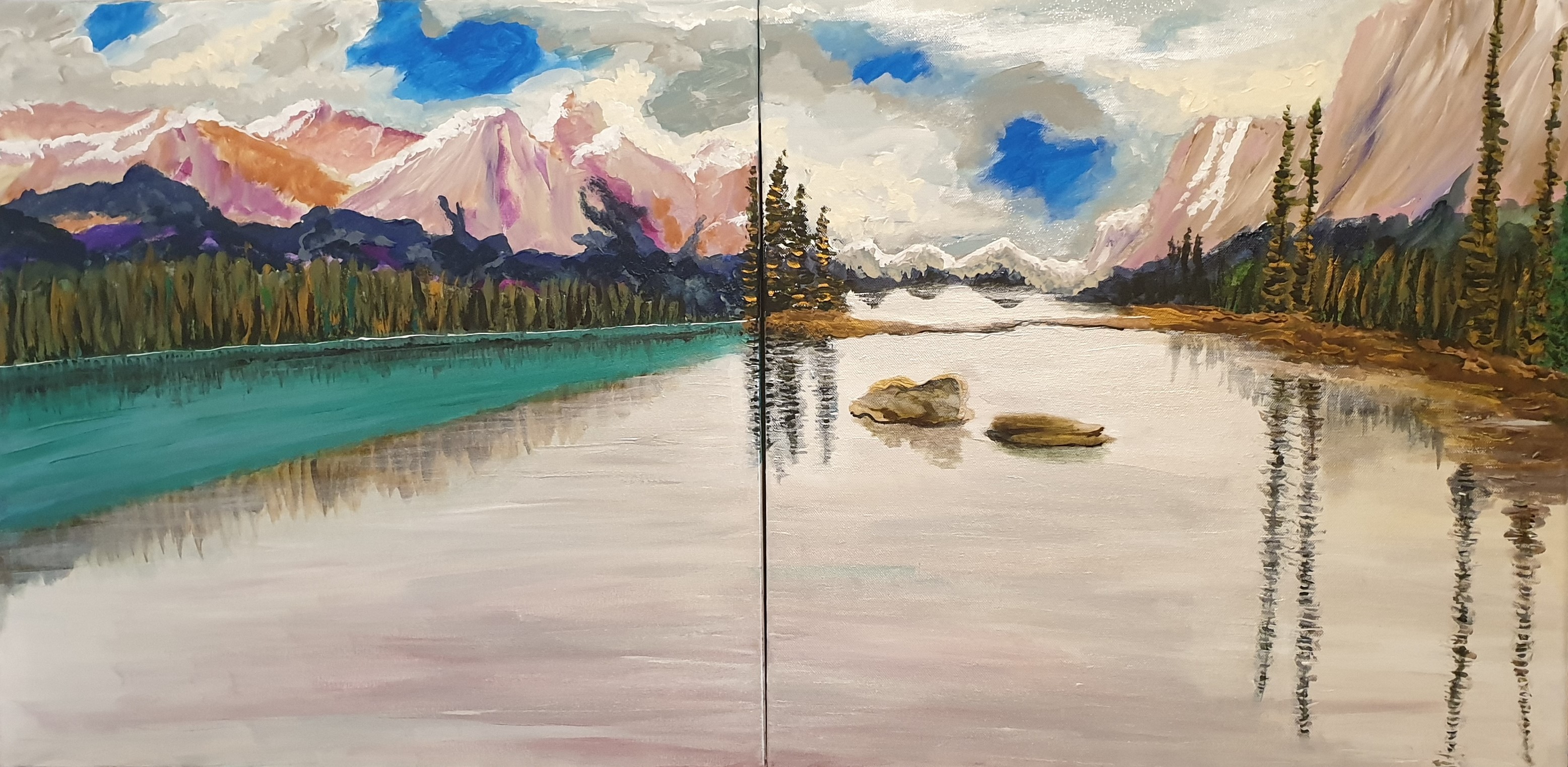 Painting of a mountain lake landscape HD Wallpaper