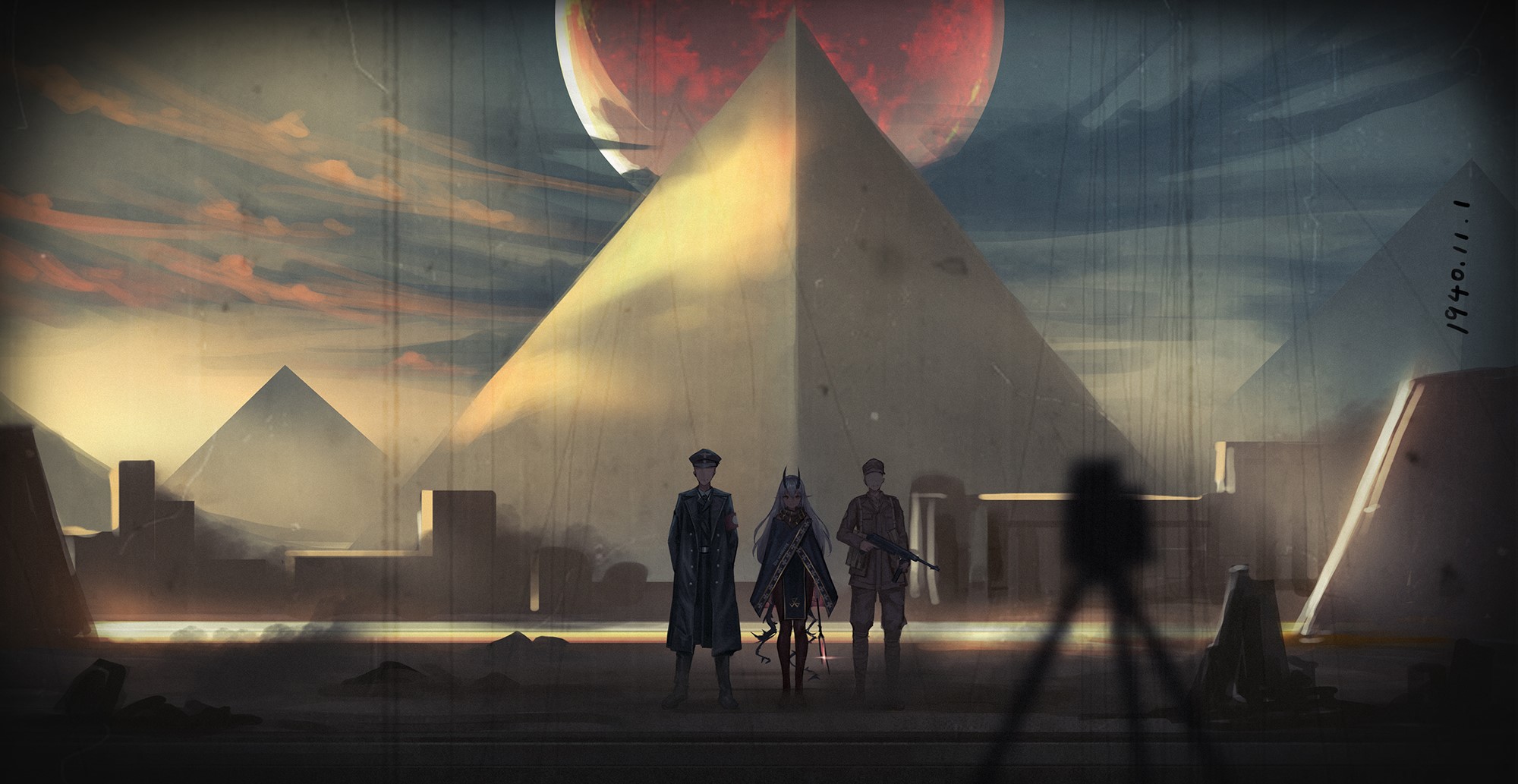 Three figures stand before pyramids under a blood moon HD Wallpaper