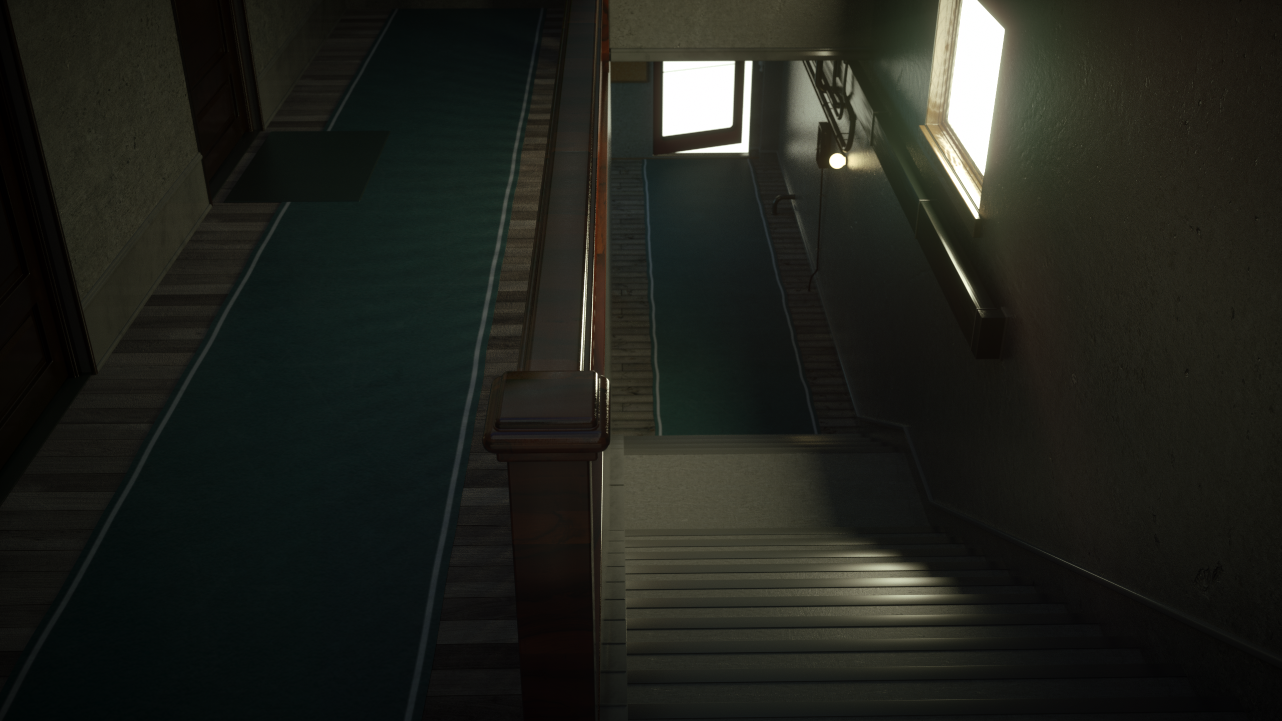Interior staircase with carpets and window HD Wallpaper