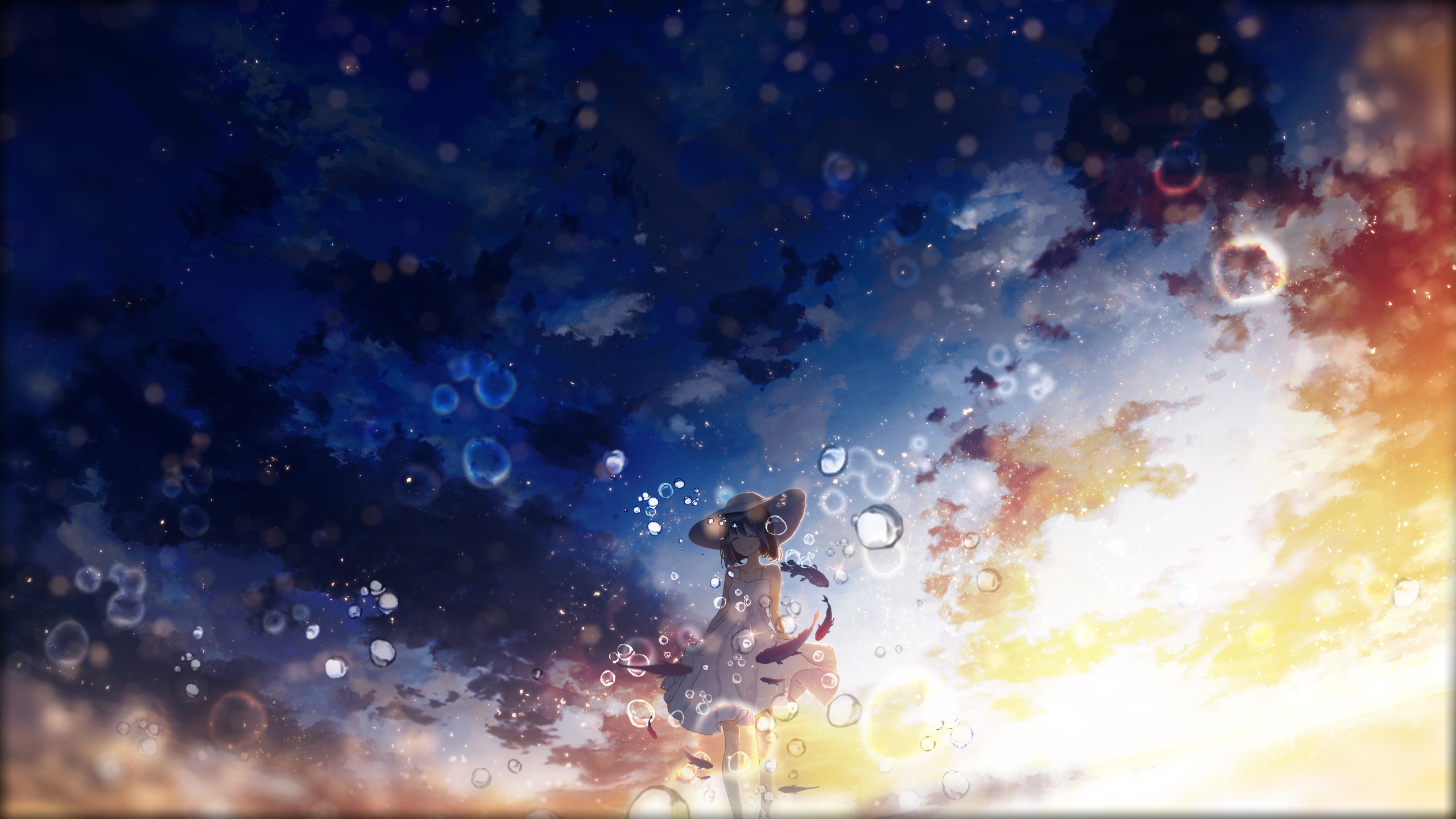 Anime girl with hat and bubbles in the sky HD Wallpaper