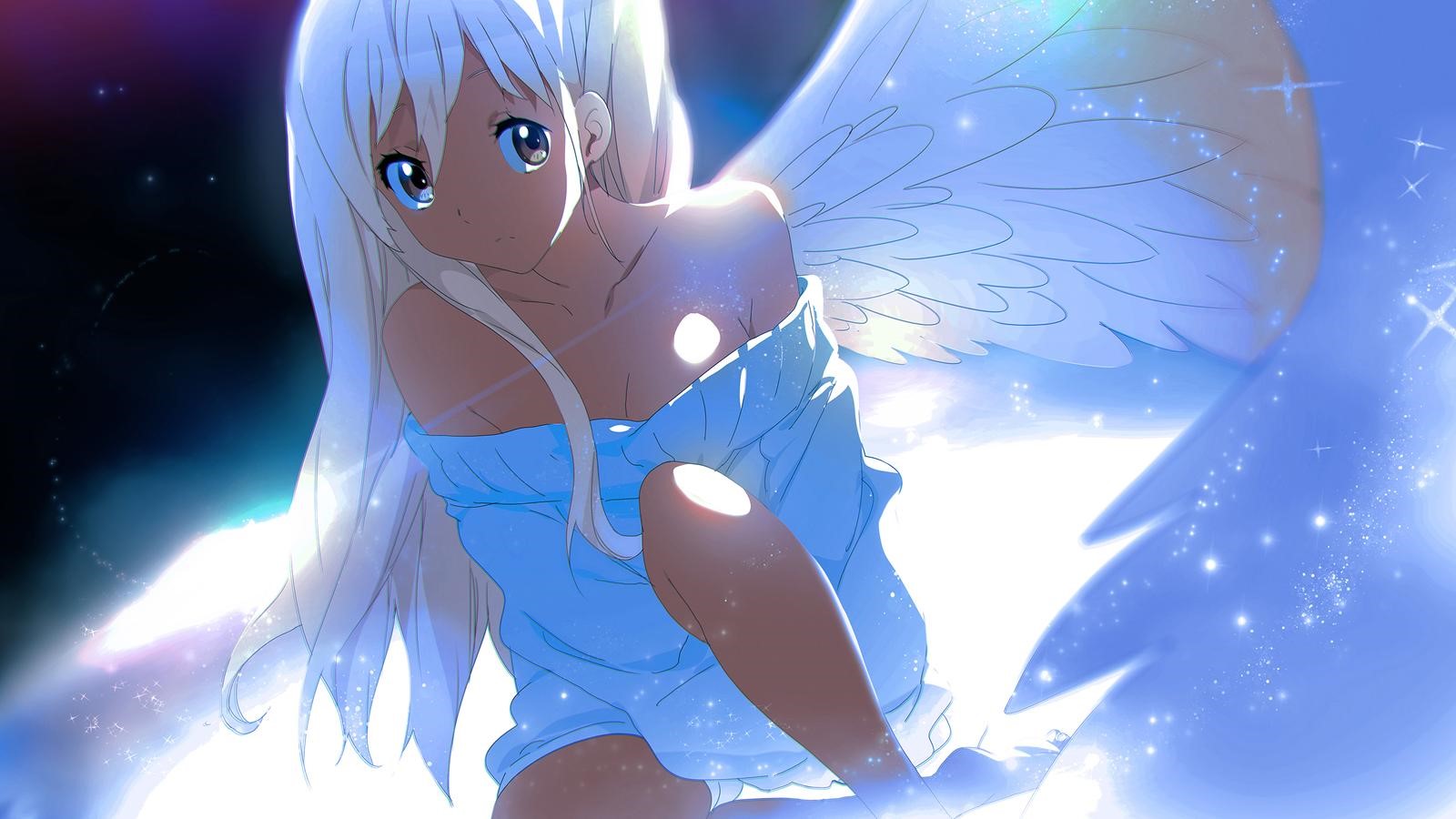 Anime girl with white wings and blue shirt HD Wallpaper
