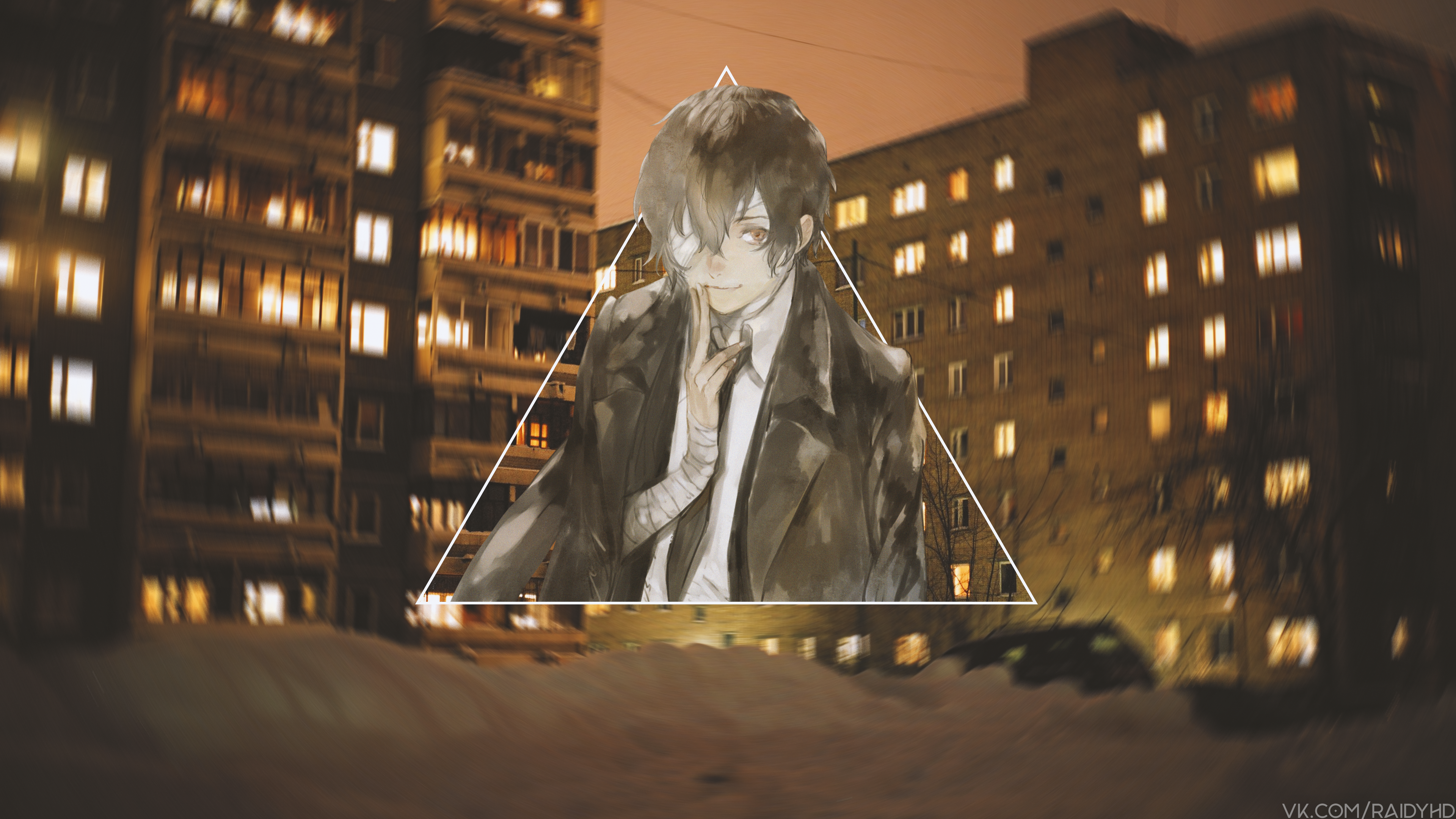 Anime character with eyepatch in front of apartment buildings HD Wallpaper