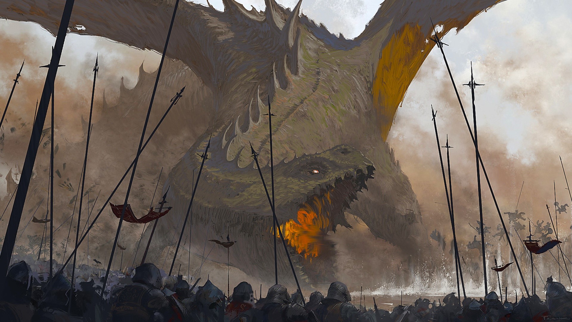 Dragon attacking an army of soldiers with spears HD Wallpaper