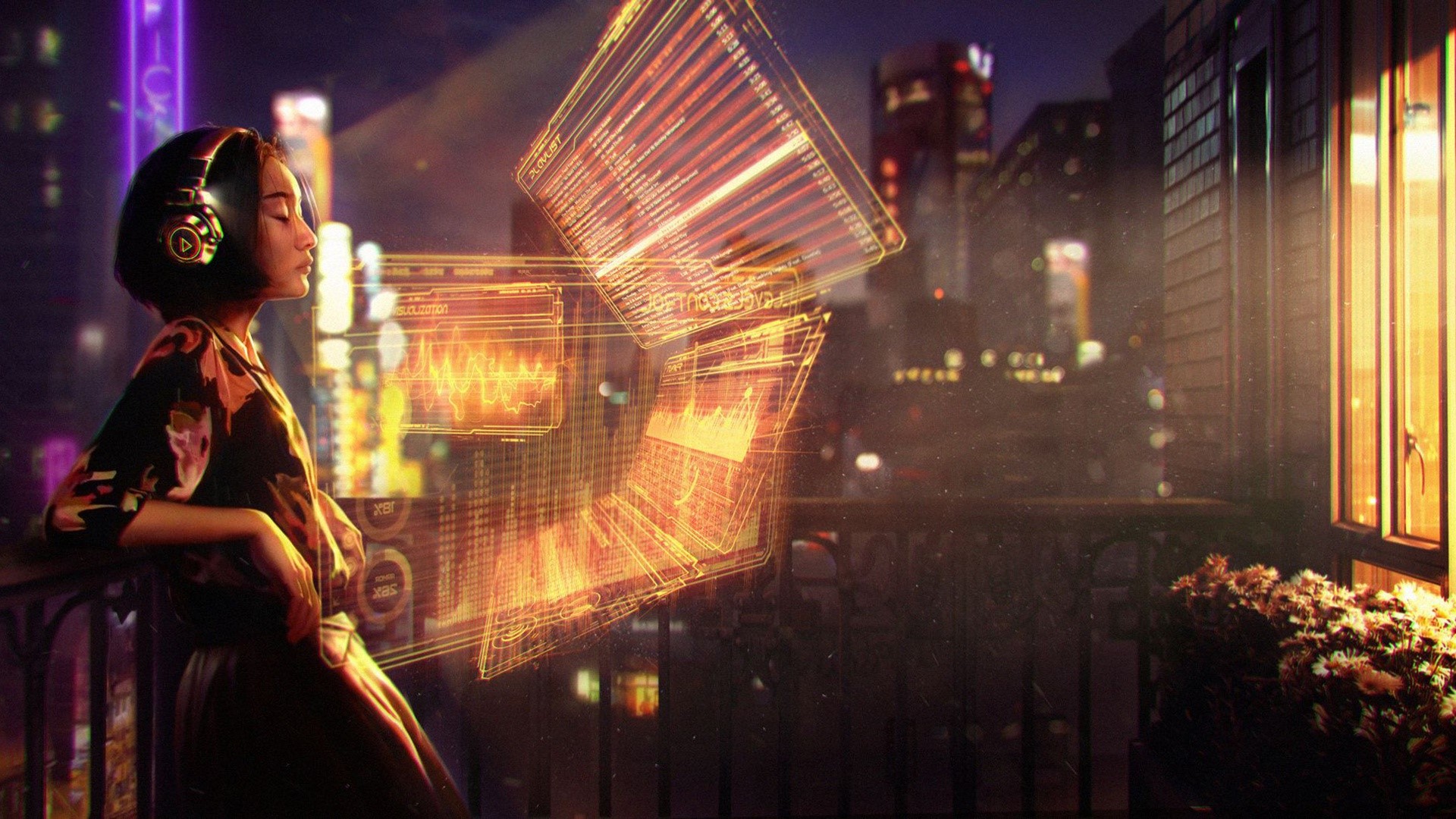Asian woman with headphones and futuristic data displays HD Wallpaper