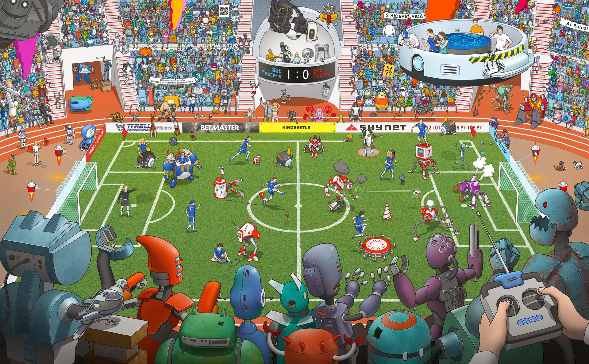 Robots playing soccer in a stadium HD Wallpaper