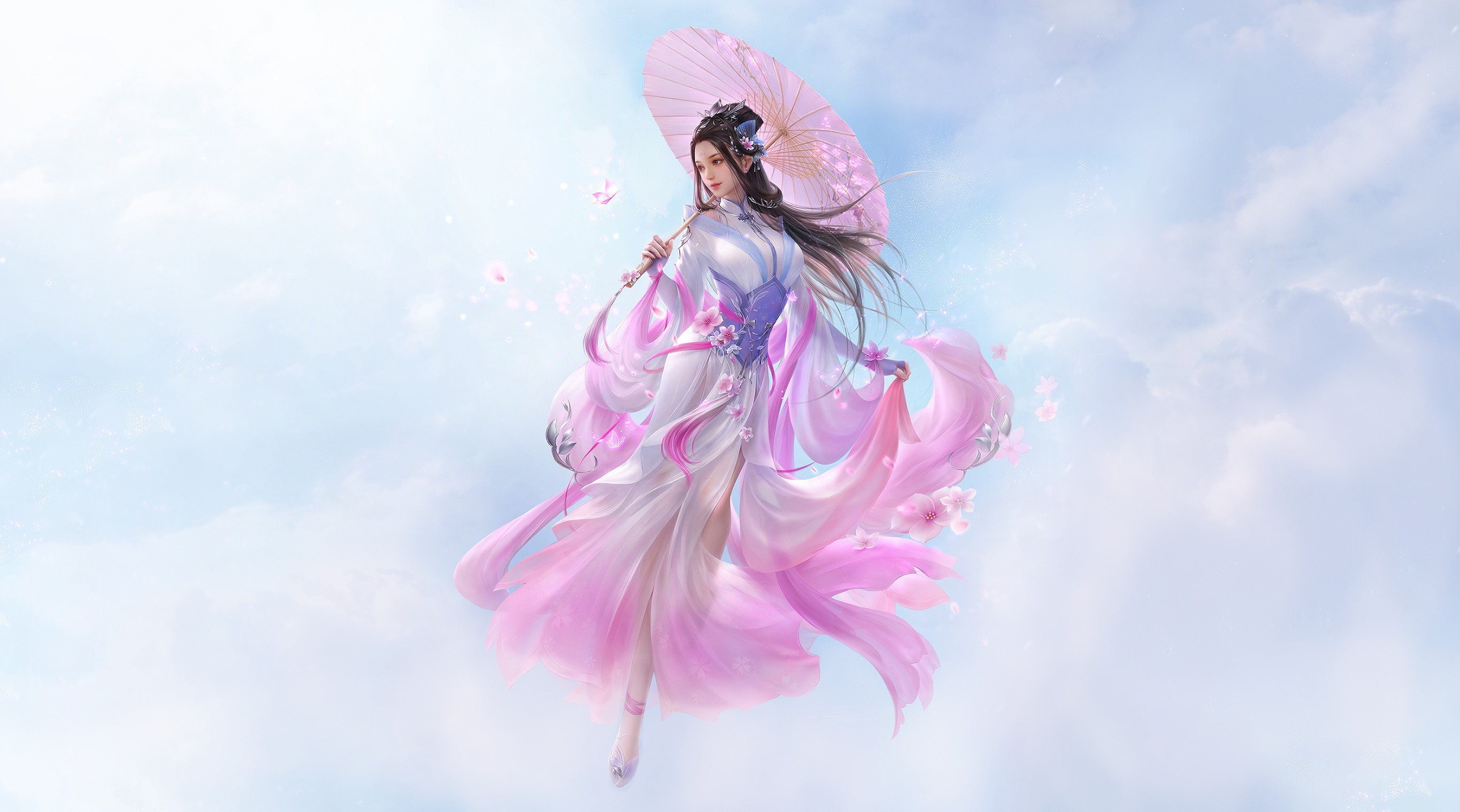 Fantasy girl with pink umbrella and flowers HD Wallpaper