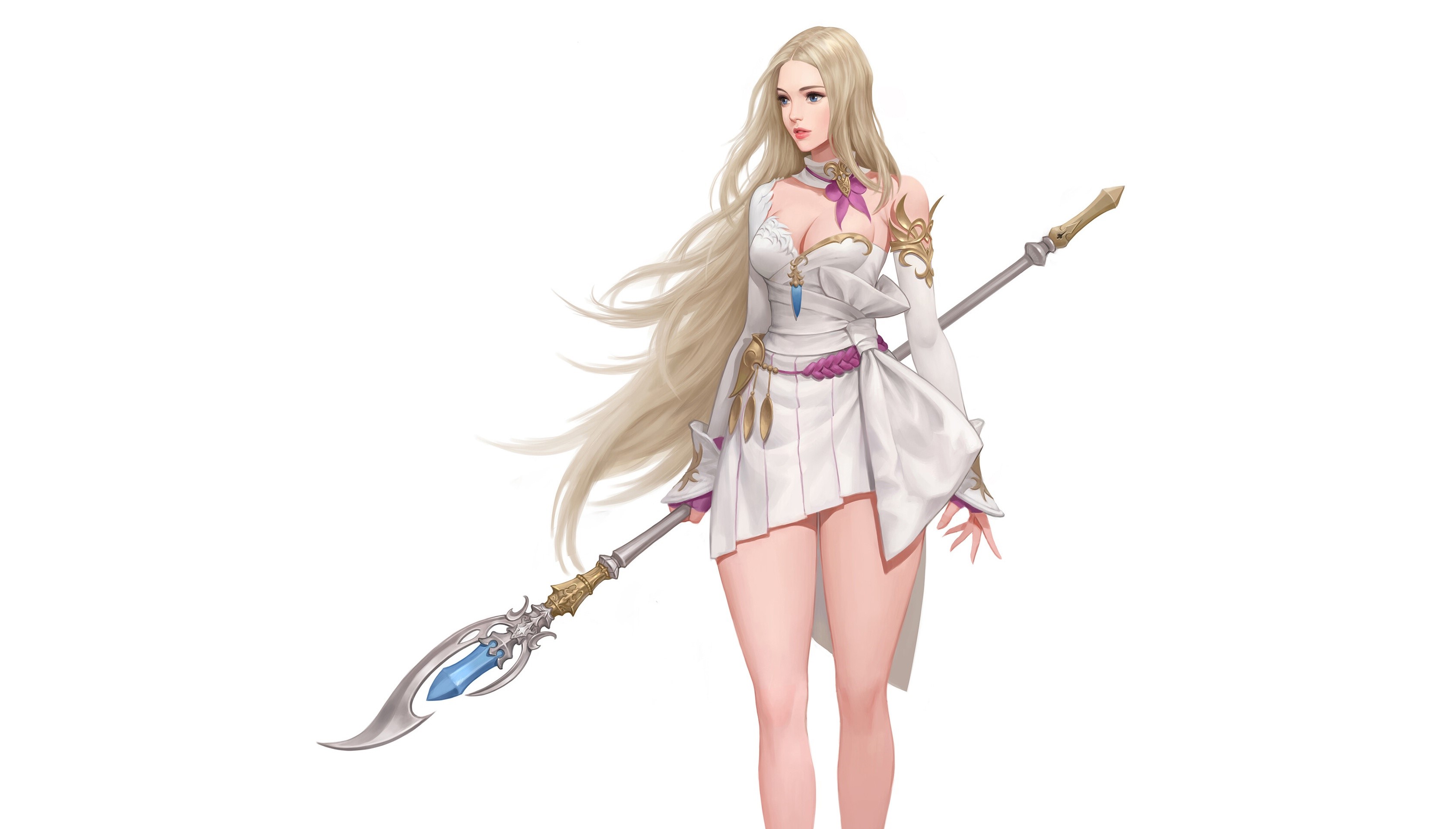 Fantasy girl with blonde hair holding a spear HD Wallpaper