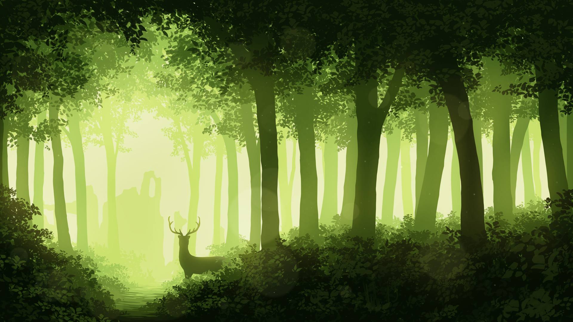 Deer in a sunlit green forest with ruins in the background HD Wallpaper