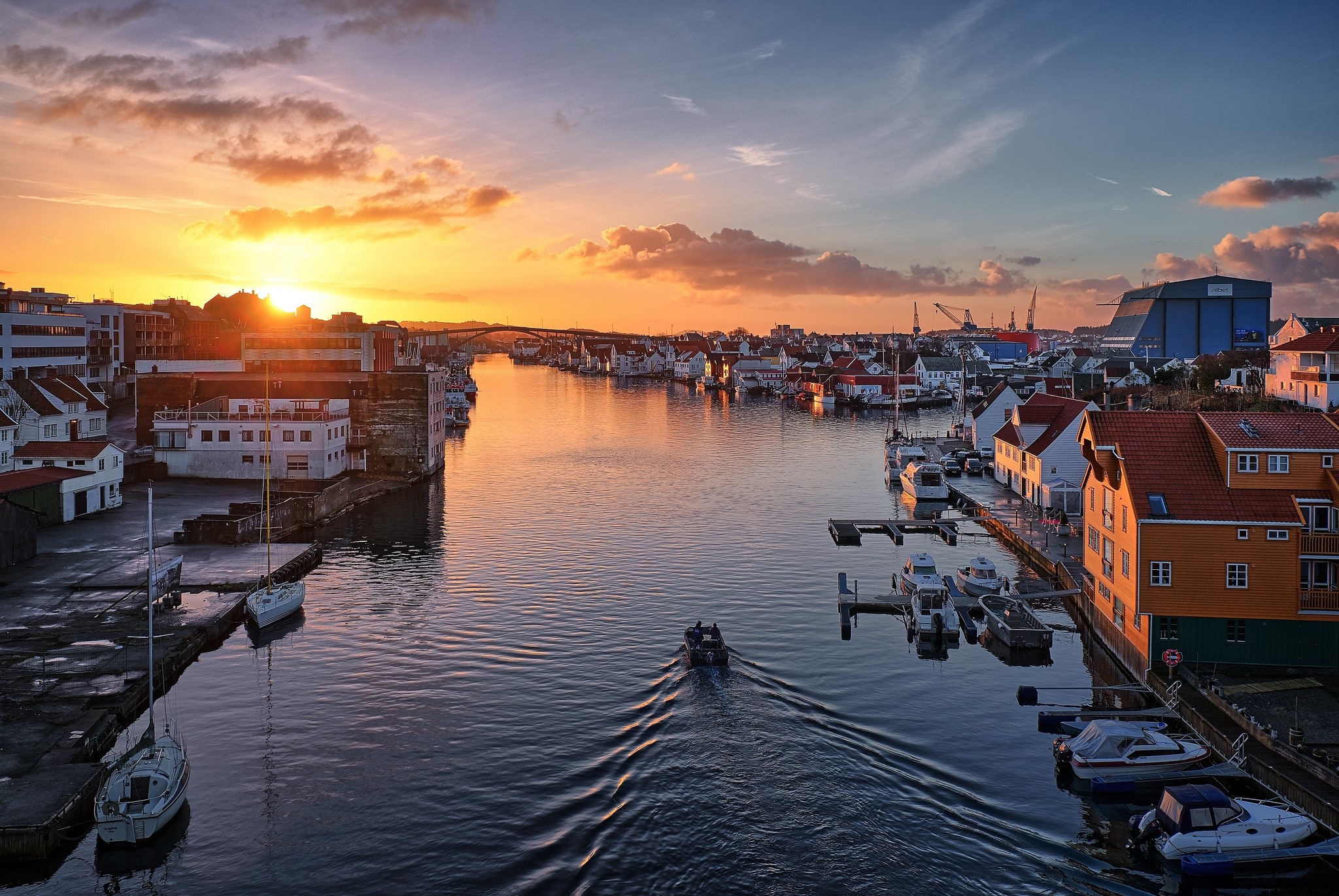 Boats on a river at sunset in Norway HD Wallpaper