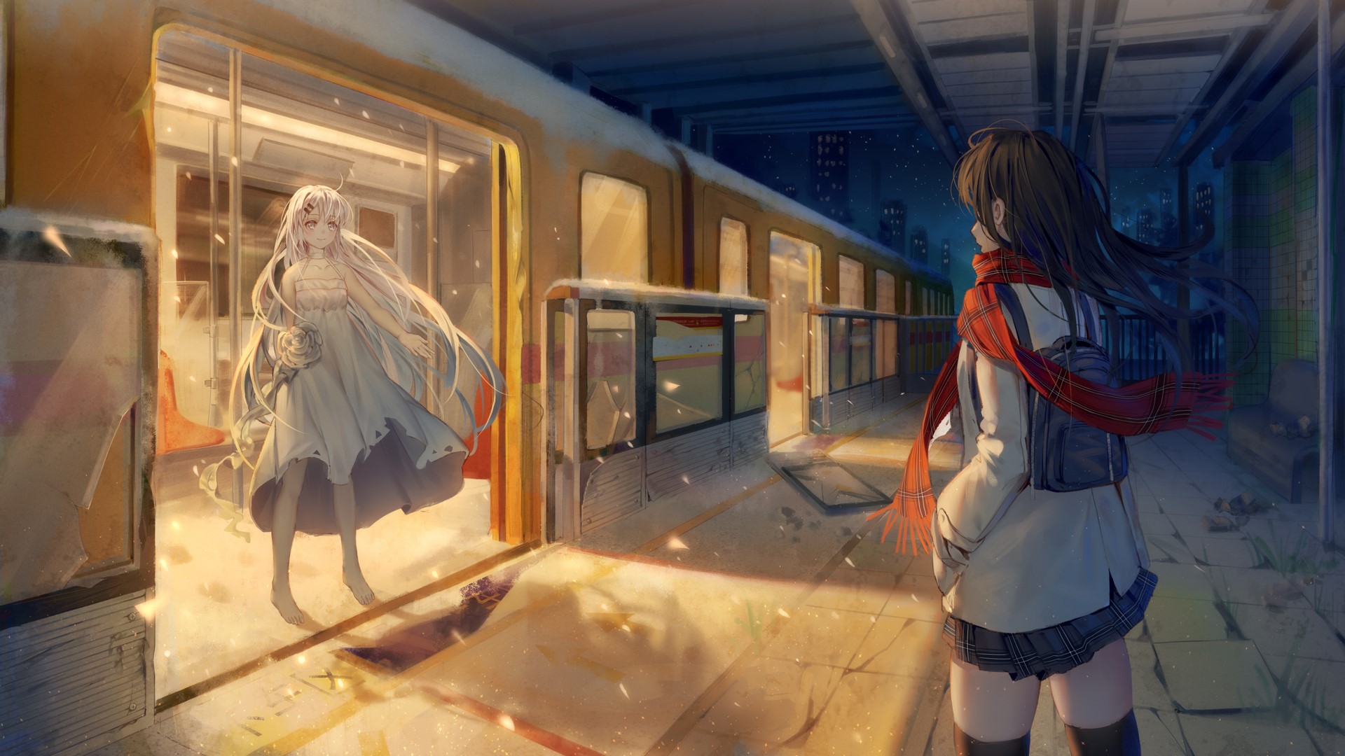 Two anime girls at a train station at night HD Wallpaper