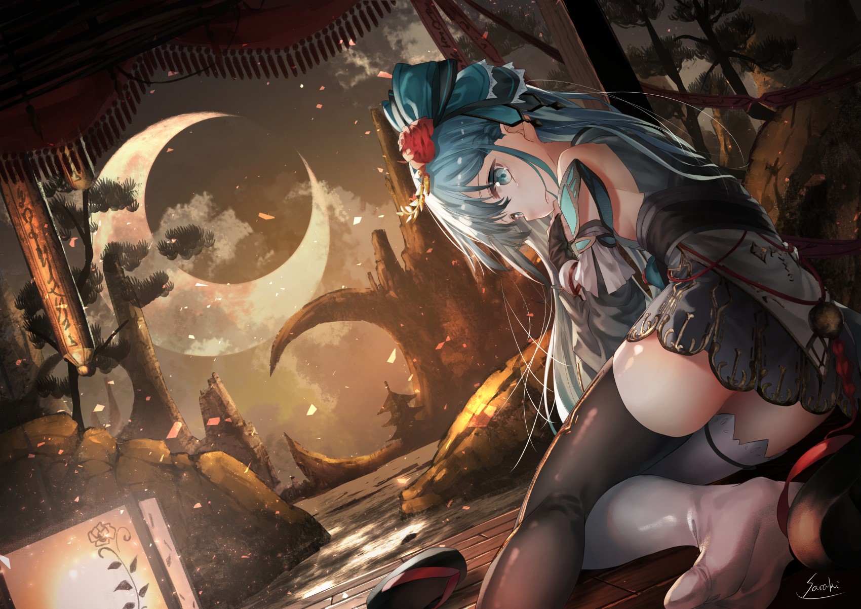 Anime girl with blue hair and crescent moons HD Wallpaper