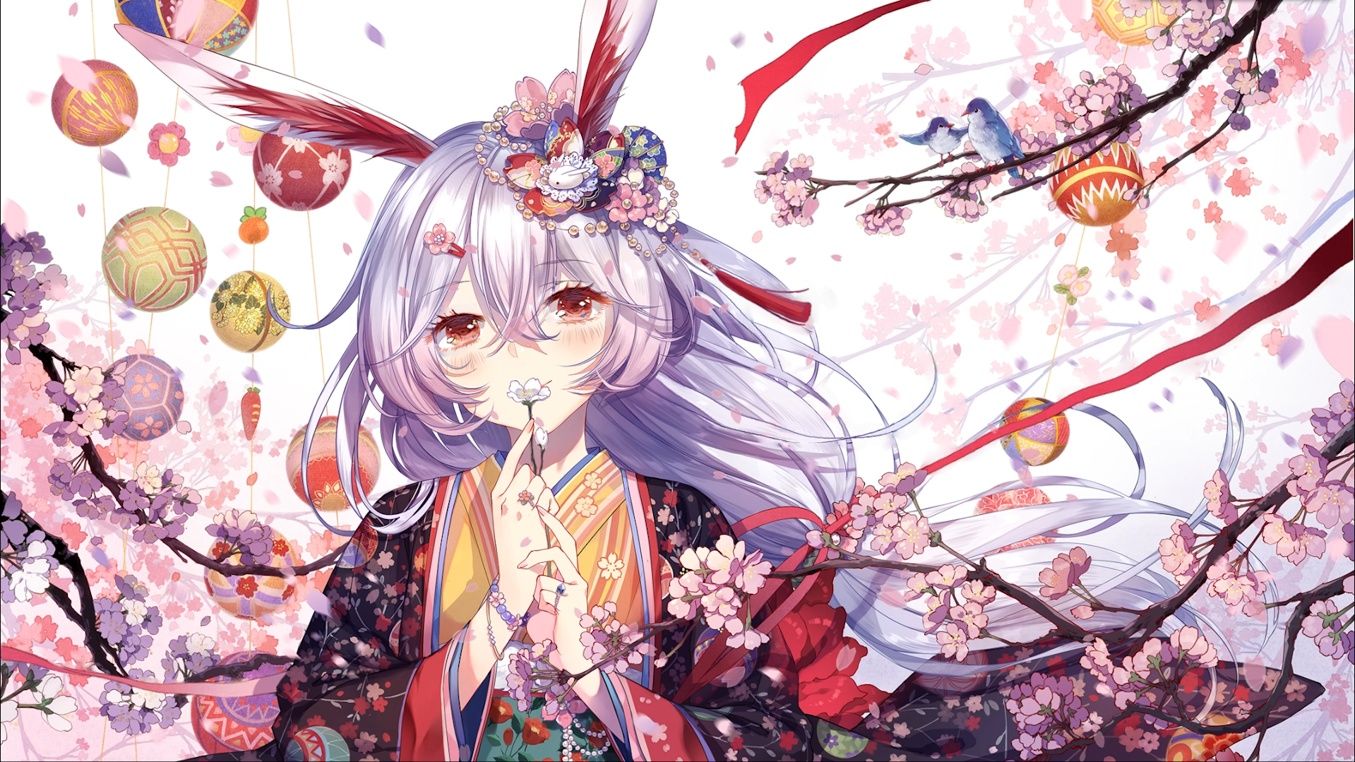 Anime girl with bunny ears in kimono with cherry blossoms HD Wallpaper