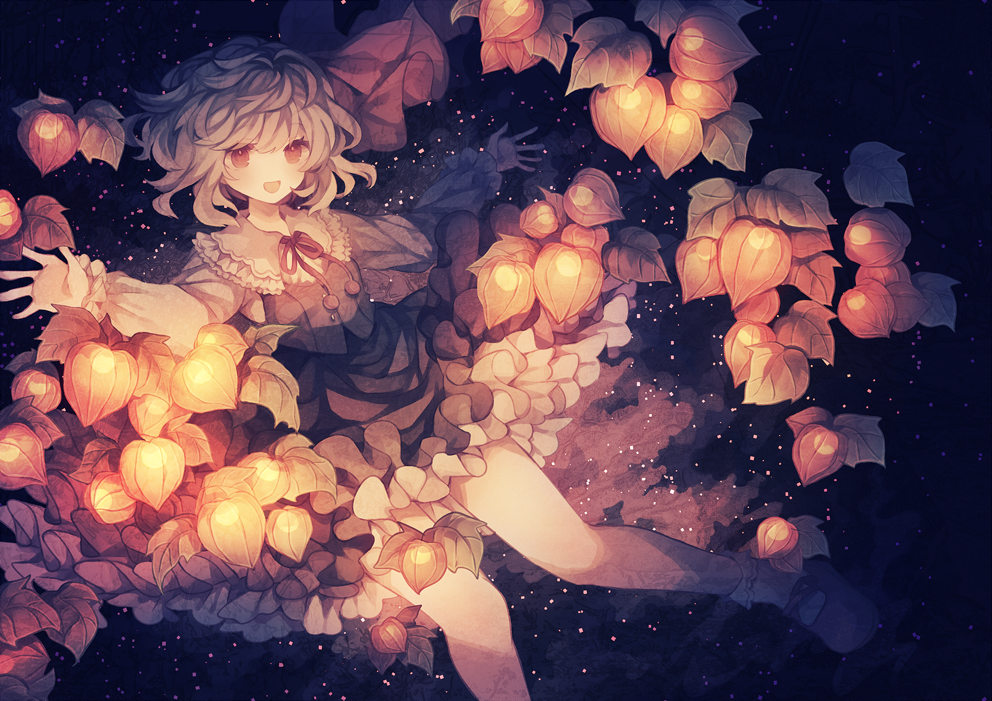 Rumia from Touhou surrounded by glowing plants HD Wallpaper