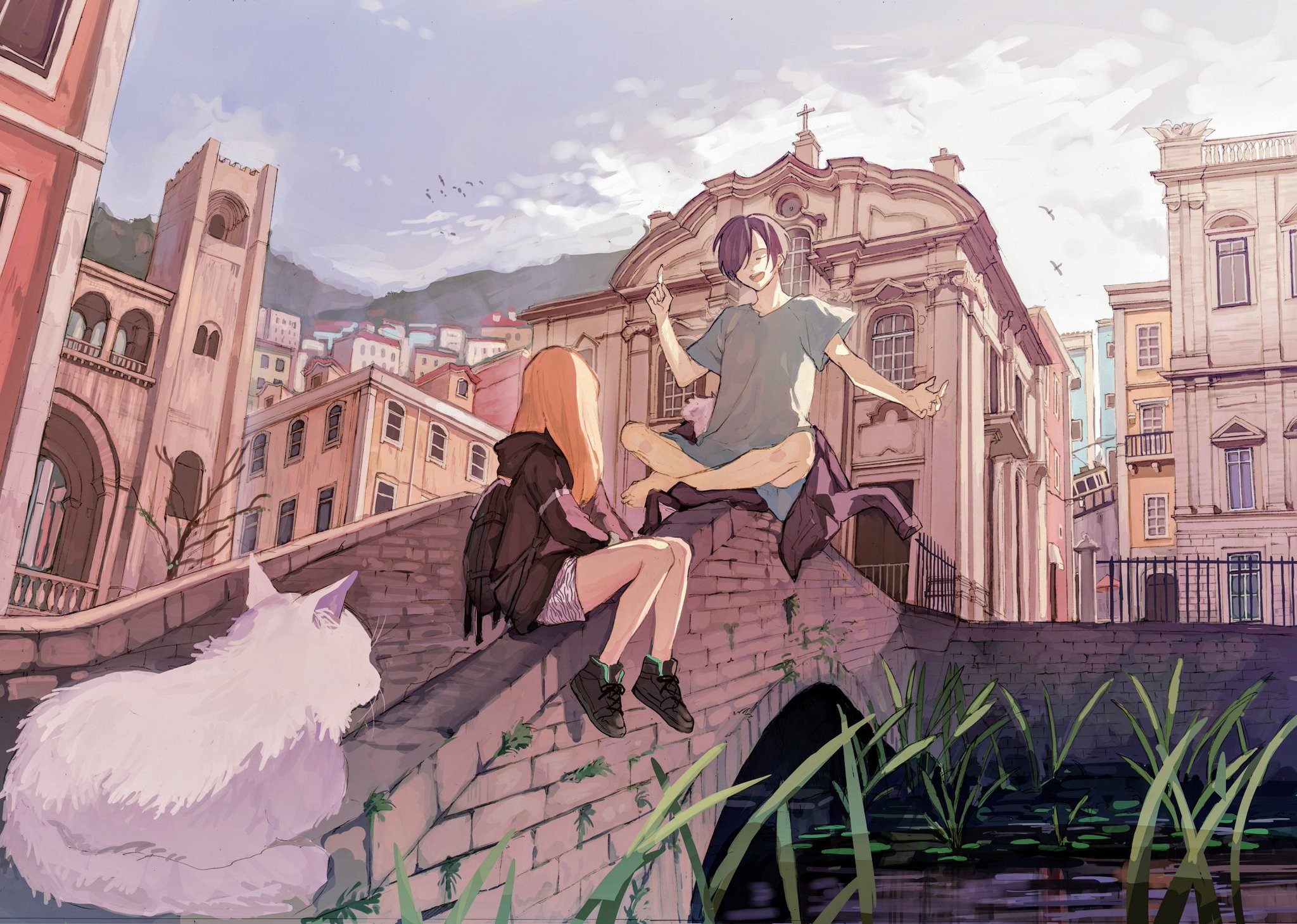 Anime characters and cat on a bridge in a European town HD Wallpaper