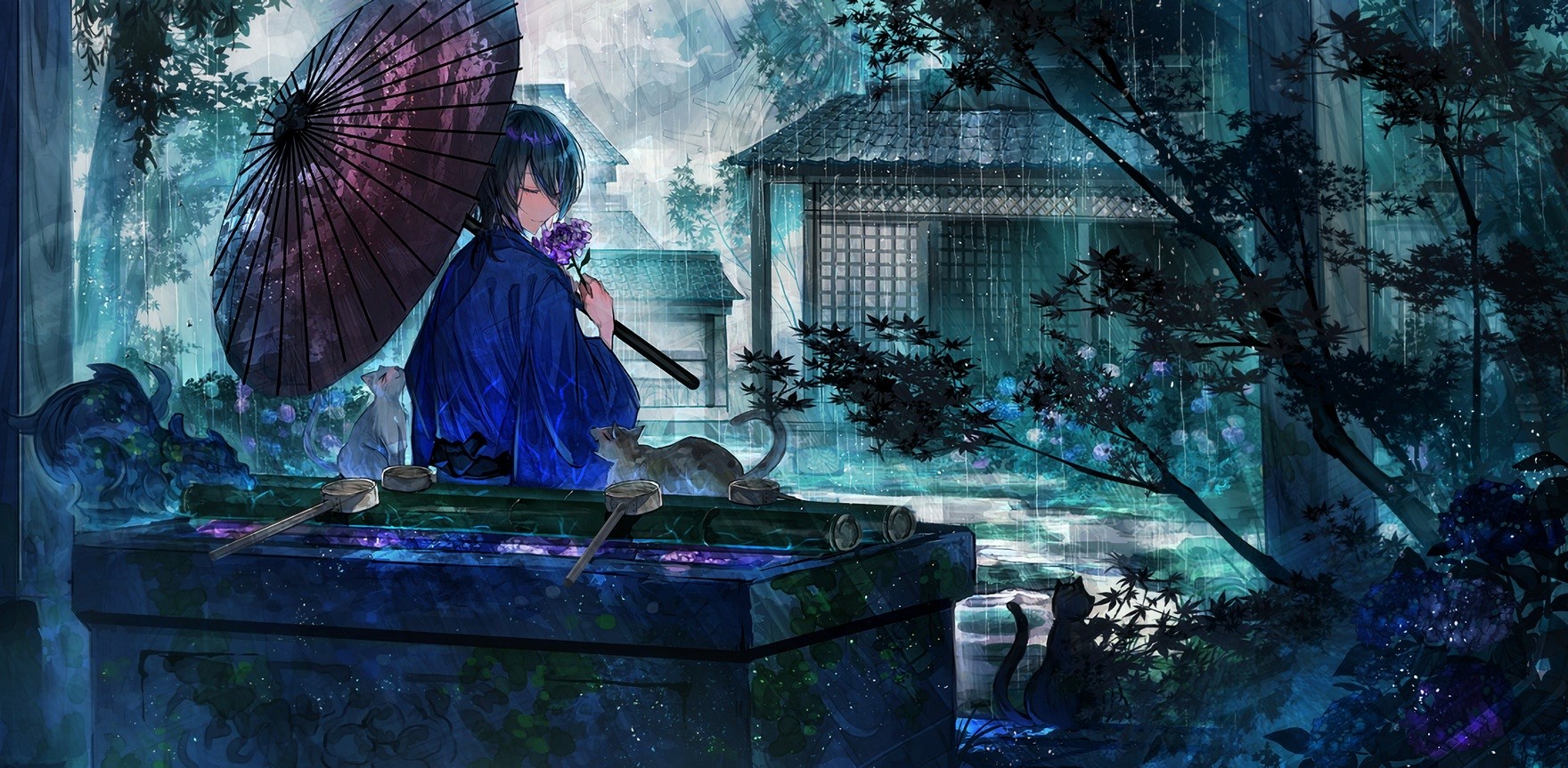 Anime boy in kimono holding umbrella in the rain with cats HD Wallpaper