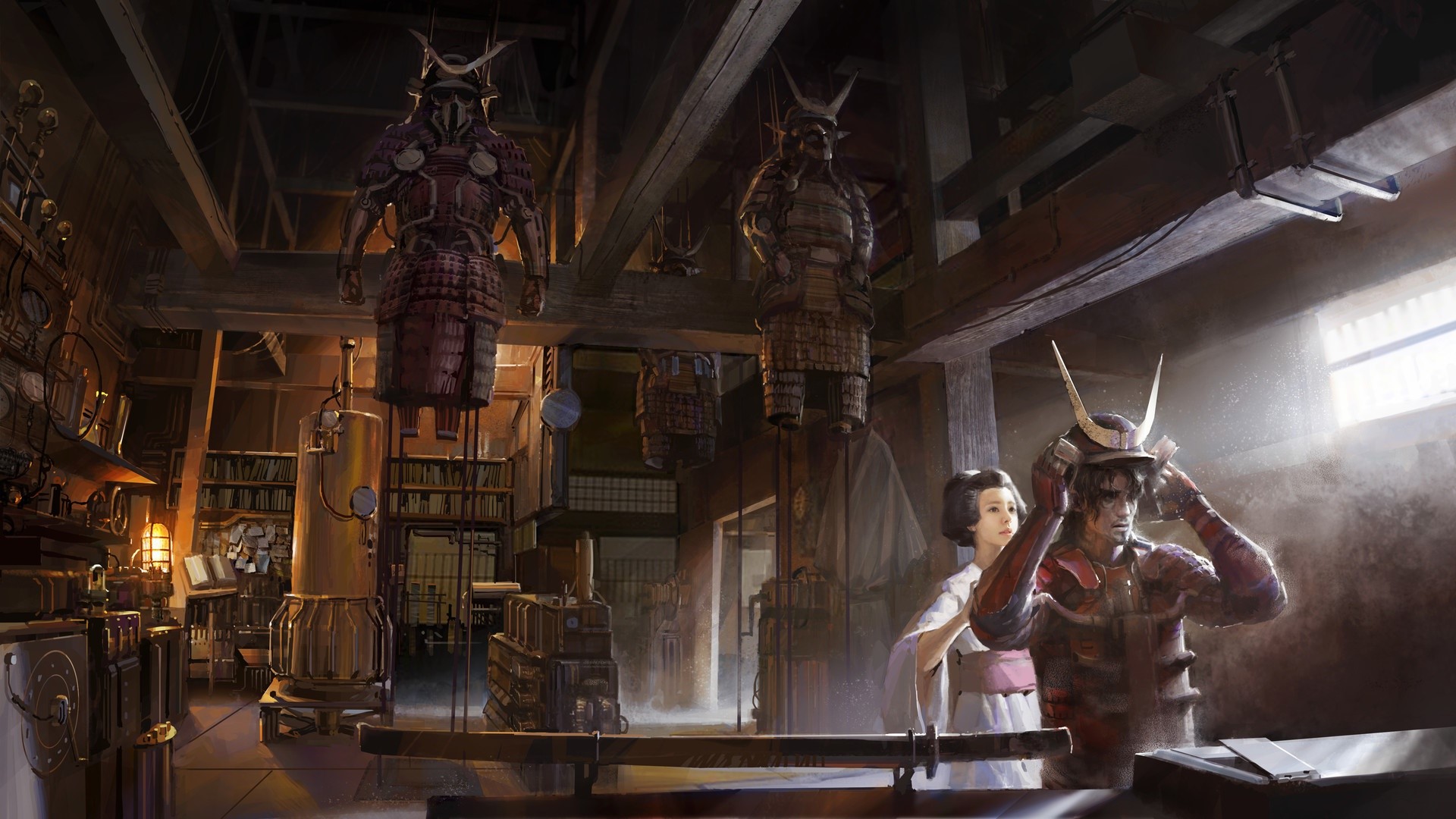 Steampunk Samurai Armor Workshop HD Wallpaper