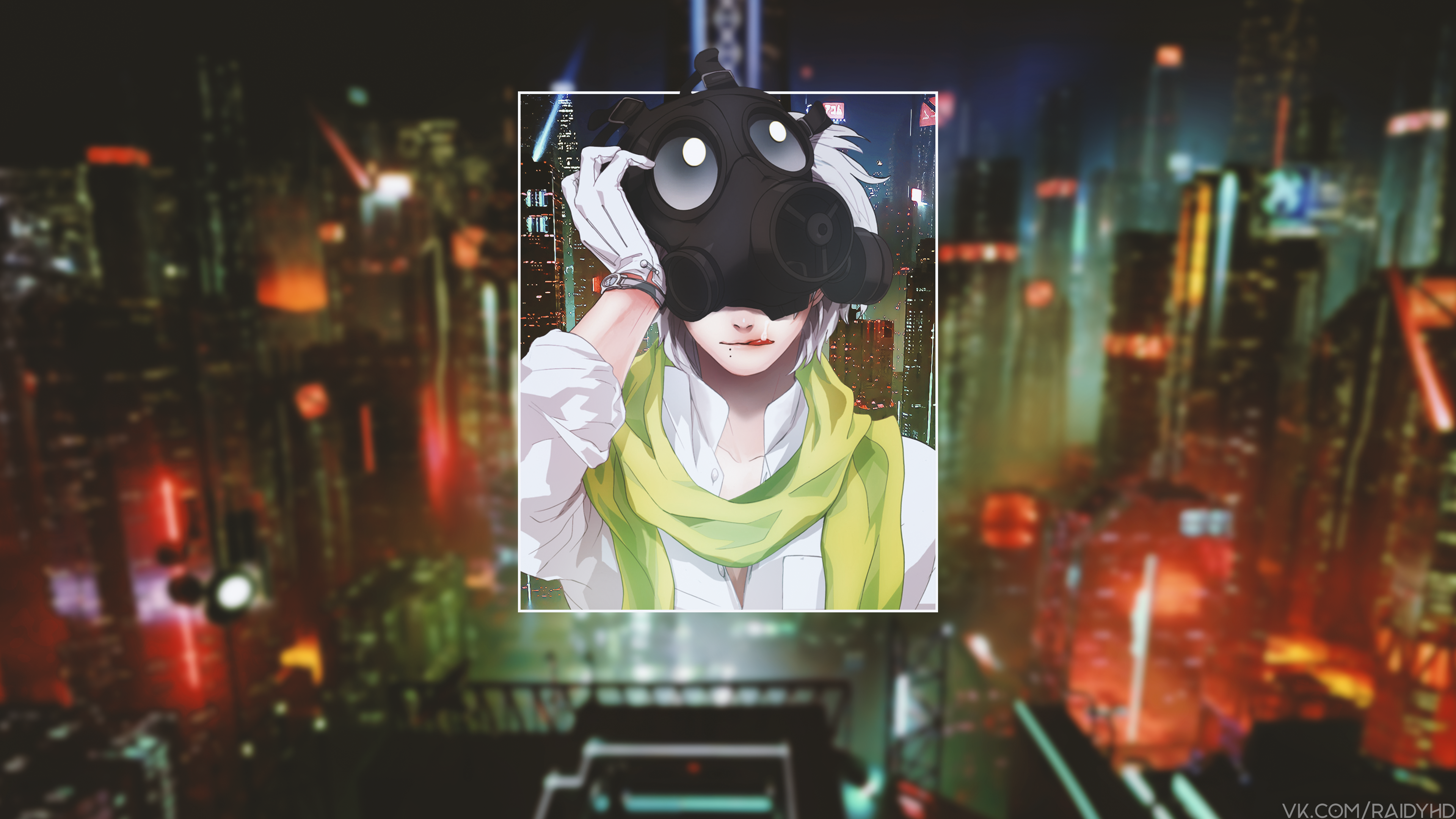 Anime character with gas mask in city HD Wallpaper