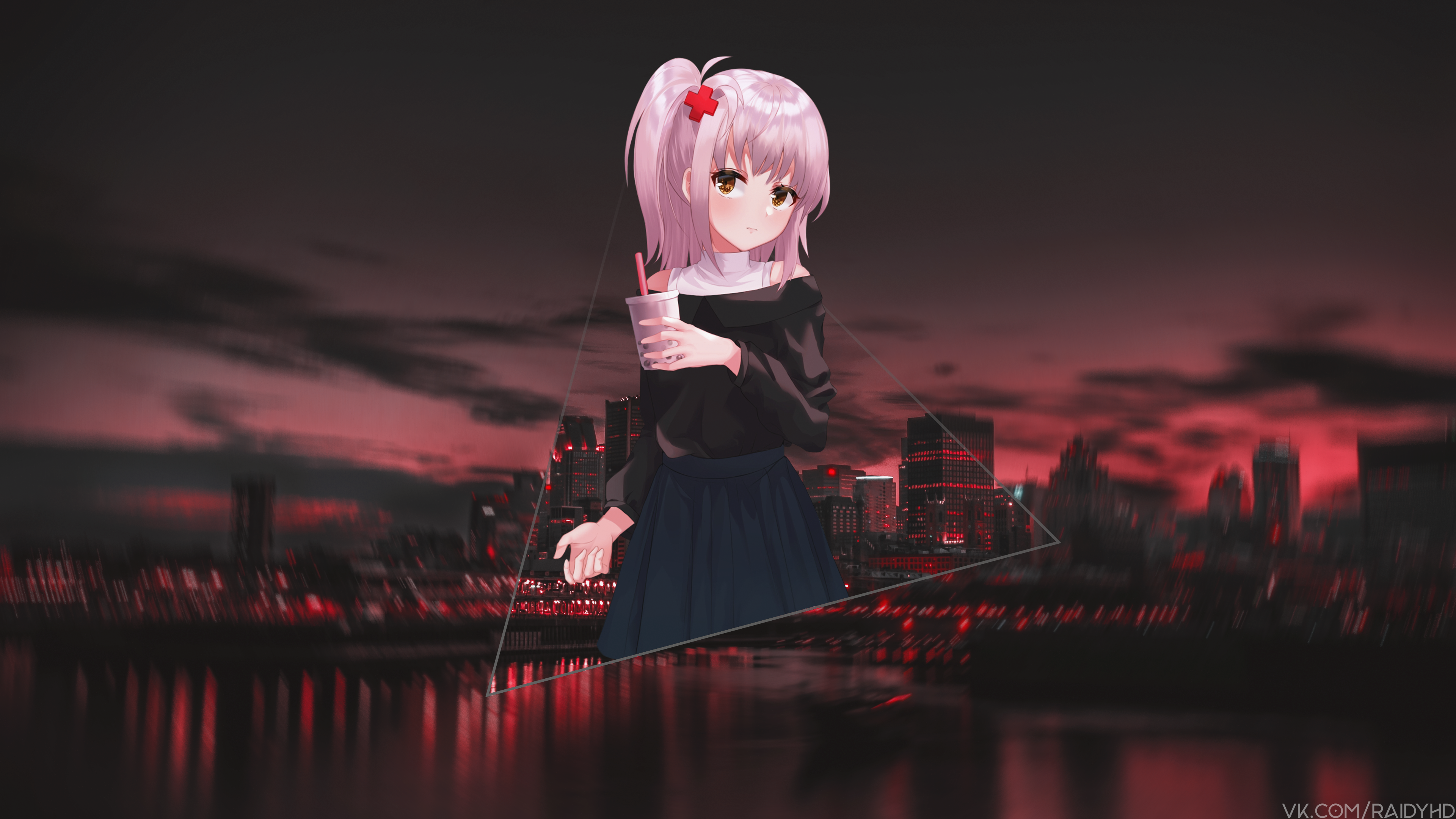 Anime girl with pink hair holding a drink in front of city skyline HD Wallpaper