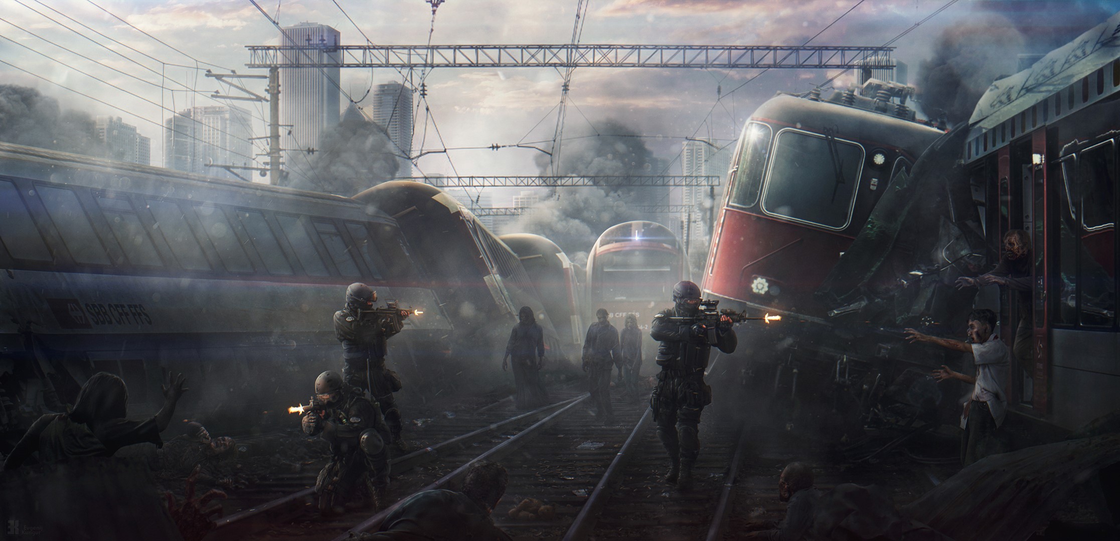 Soldiers fighting zombies at a destroyed train station HD Wallpaper