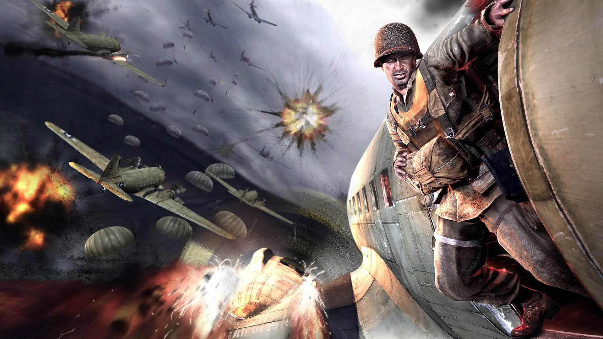 Soldier jumping from a plane during a WWII paratrooper assault HD Wallpaper