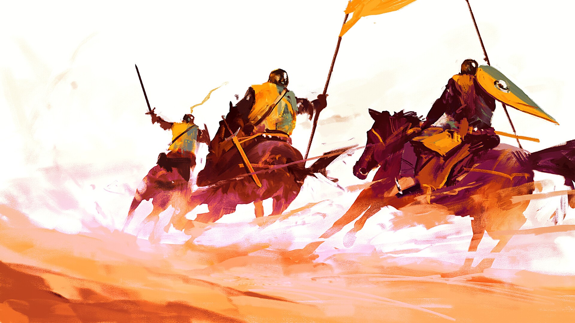 Knights on horseback charging with swords and flags HD Wallpaper