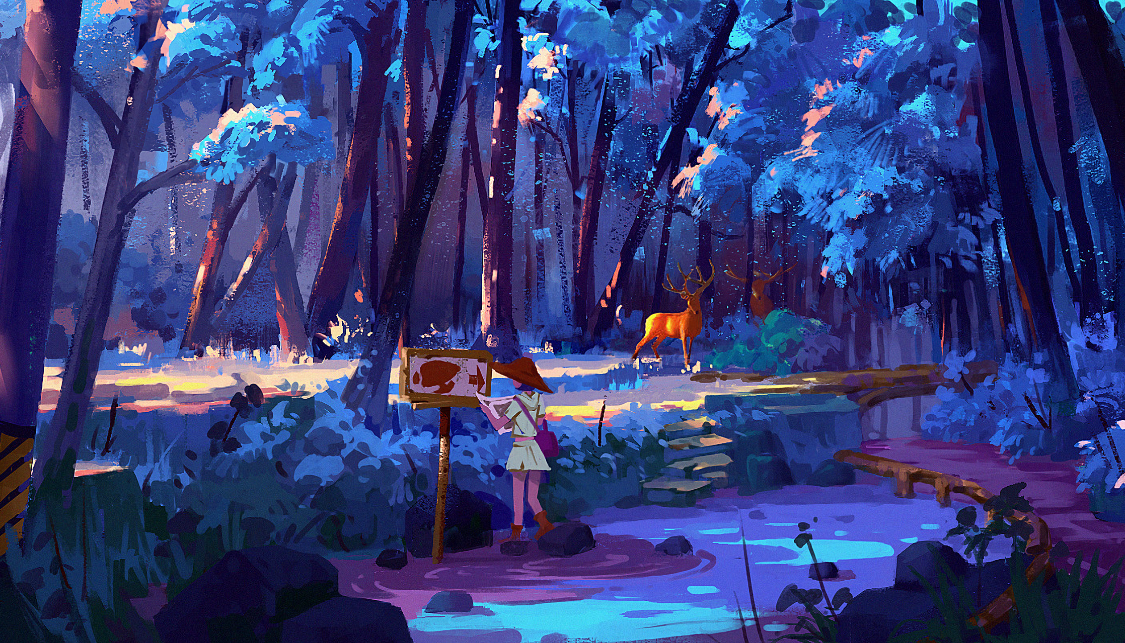 Girl looking at a map in a blue forest with a deer HD Wallpaper