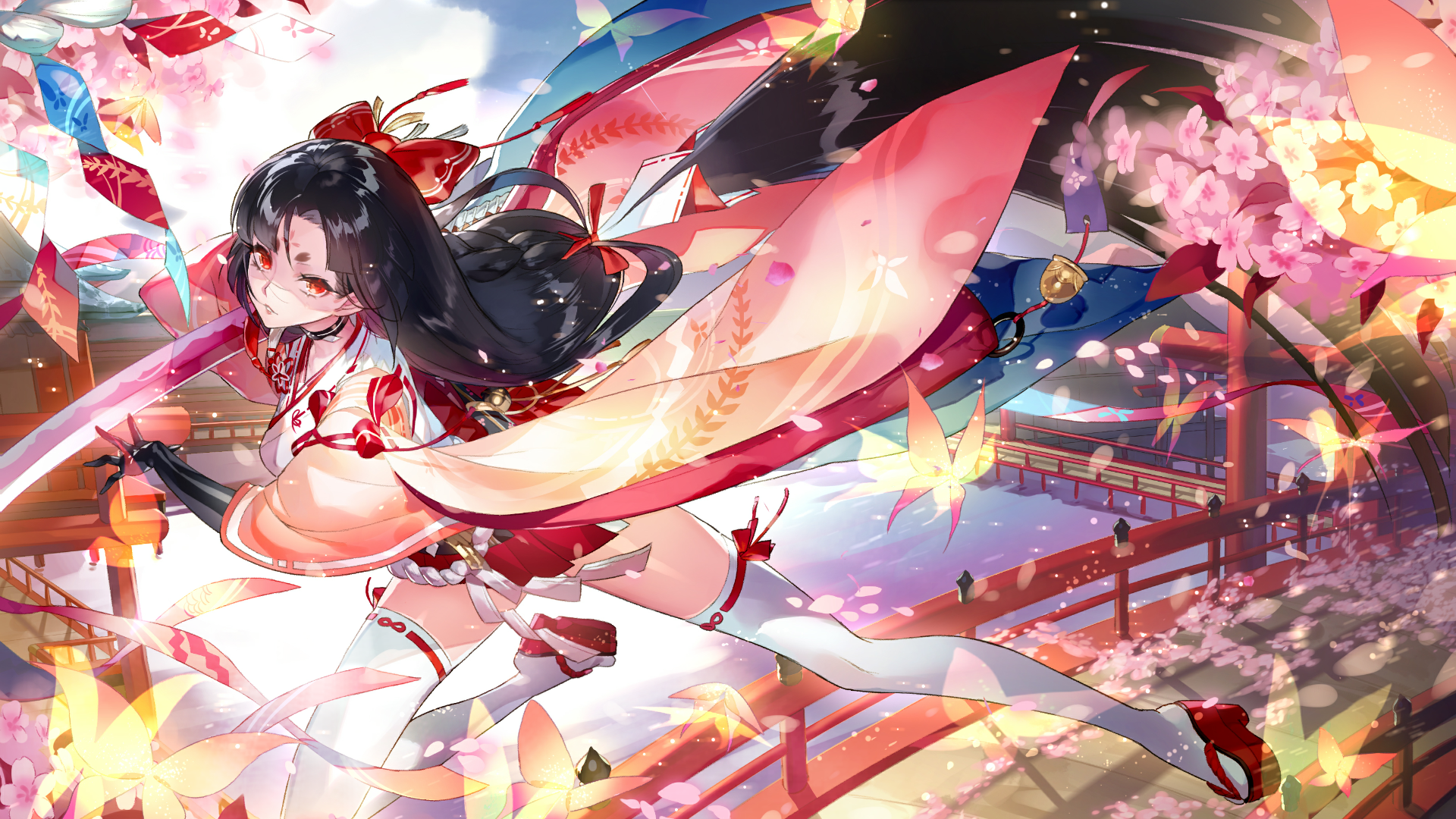 Anime girl in kimono with cherry blossoms HD Wallpaper