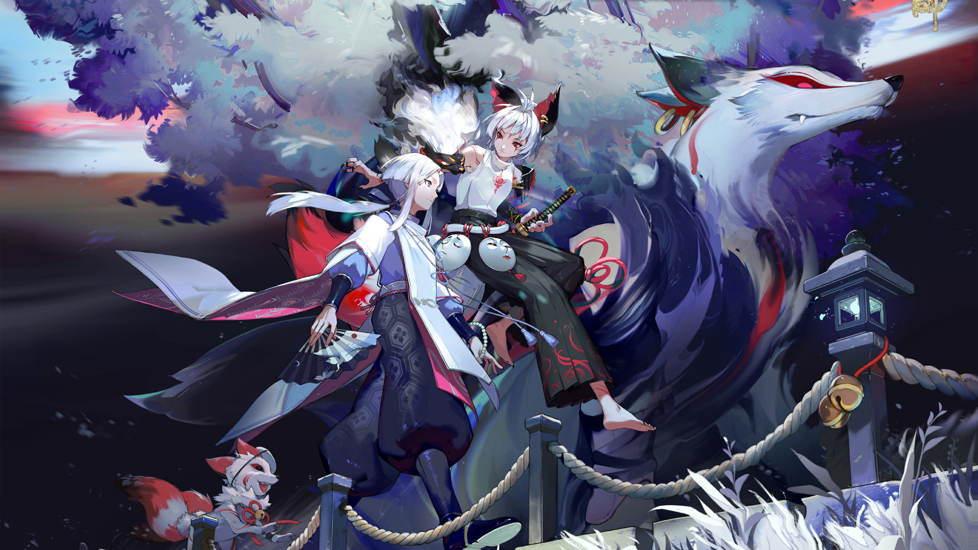 Anime characters with fox-like features and a large wolf HD Wallpaper