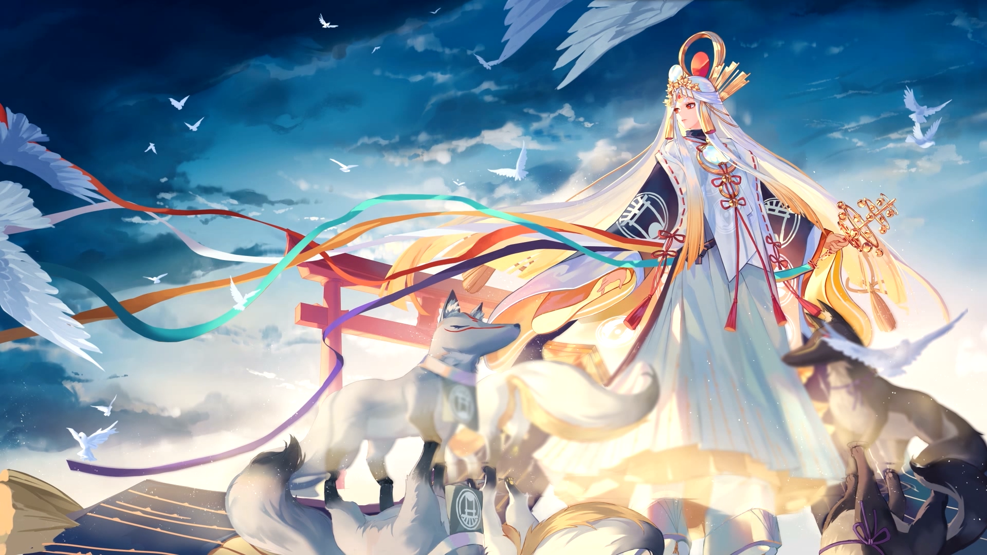 Miketsu from Onmyouji with foxes and cranes HD Wallpaper