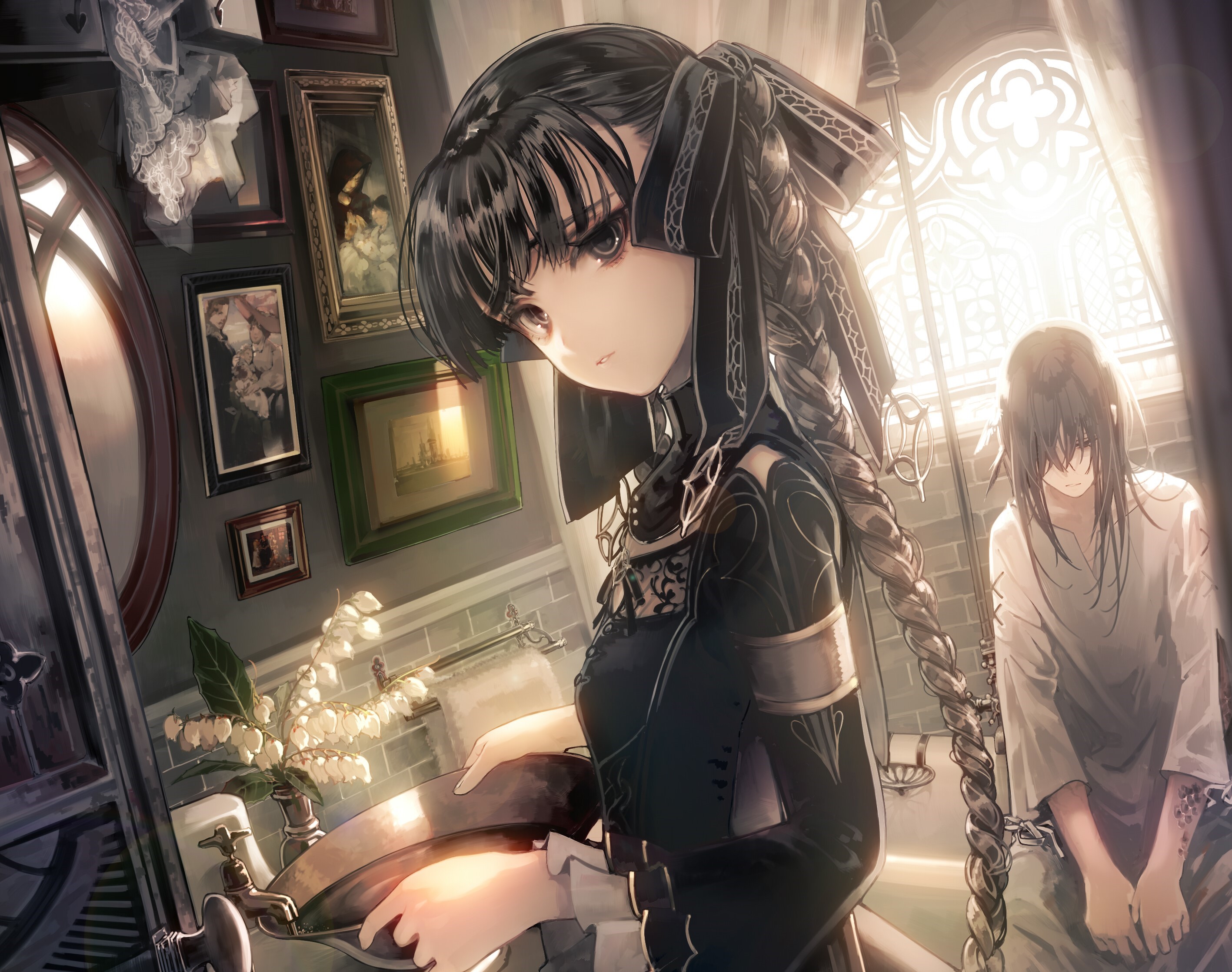 Anime girls in a dark, ornate room HD Wallpaper