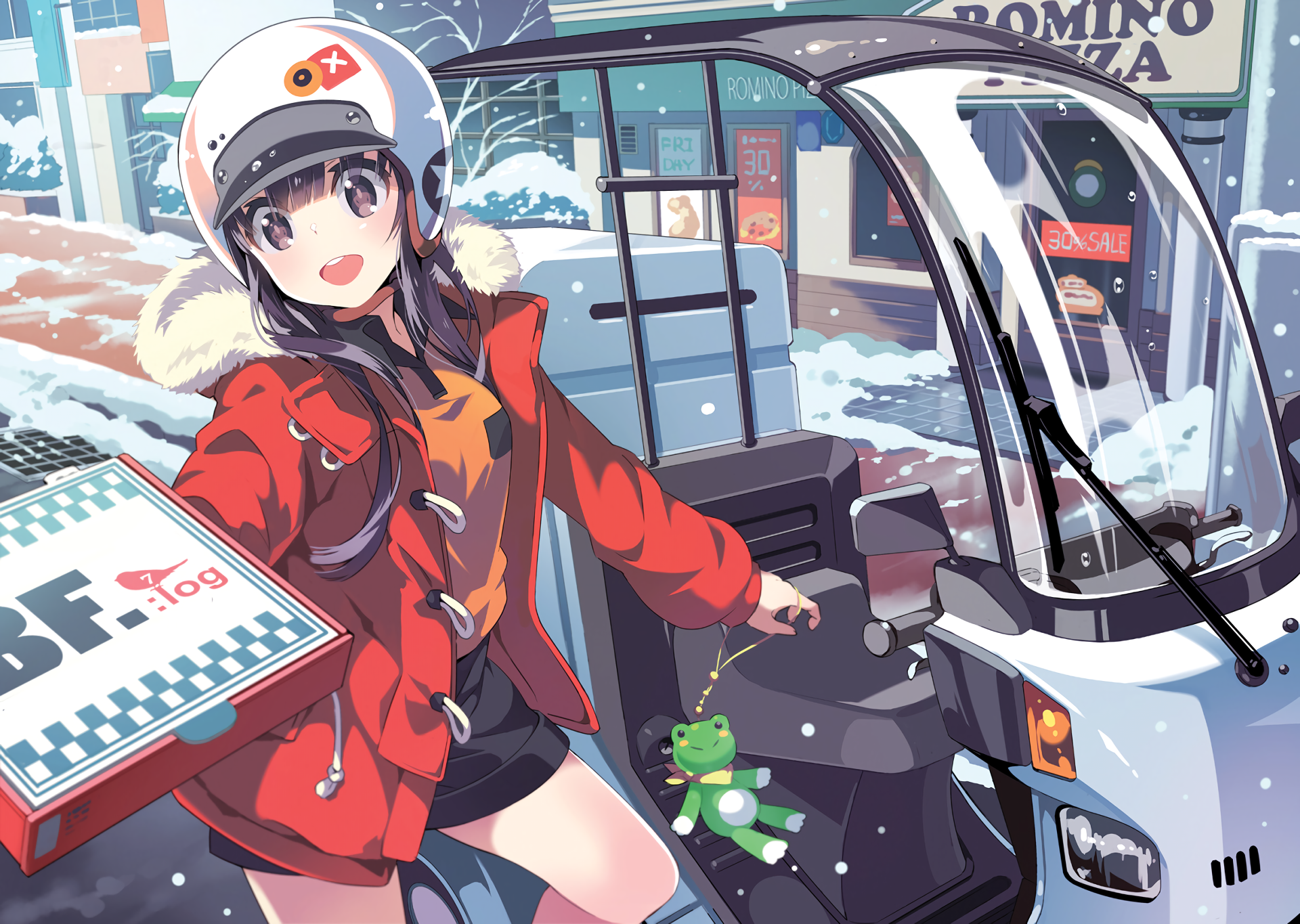 Anime girl delivering pizza in a snow-covered city HD Wallpaper