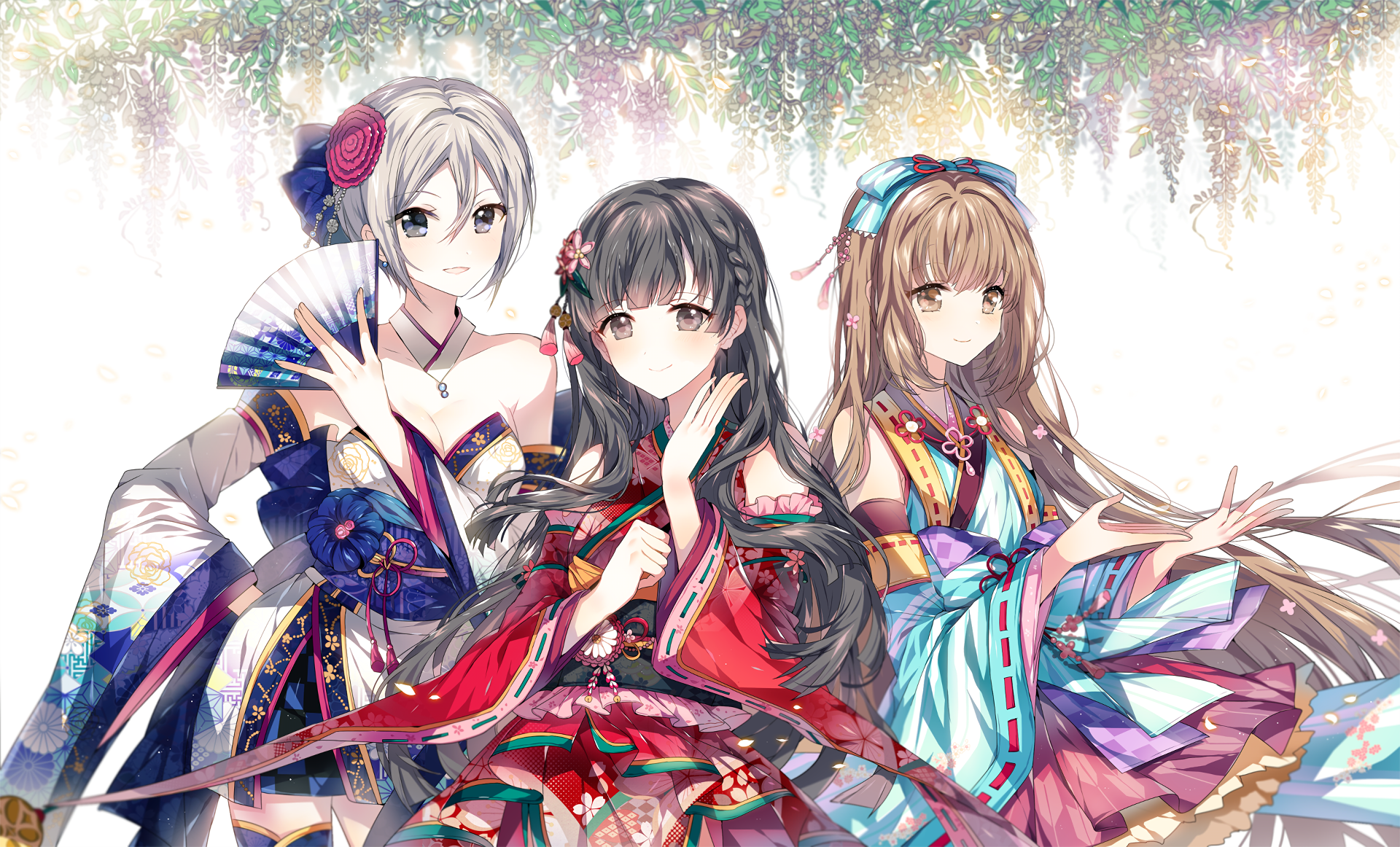 Three anime girls in kimonos with wisteria HD Wallpaper