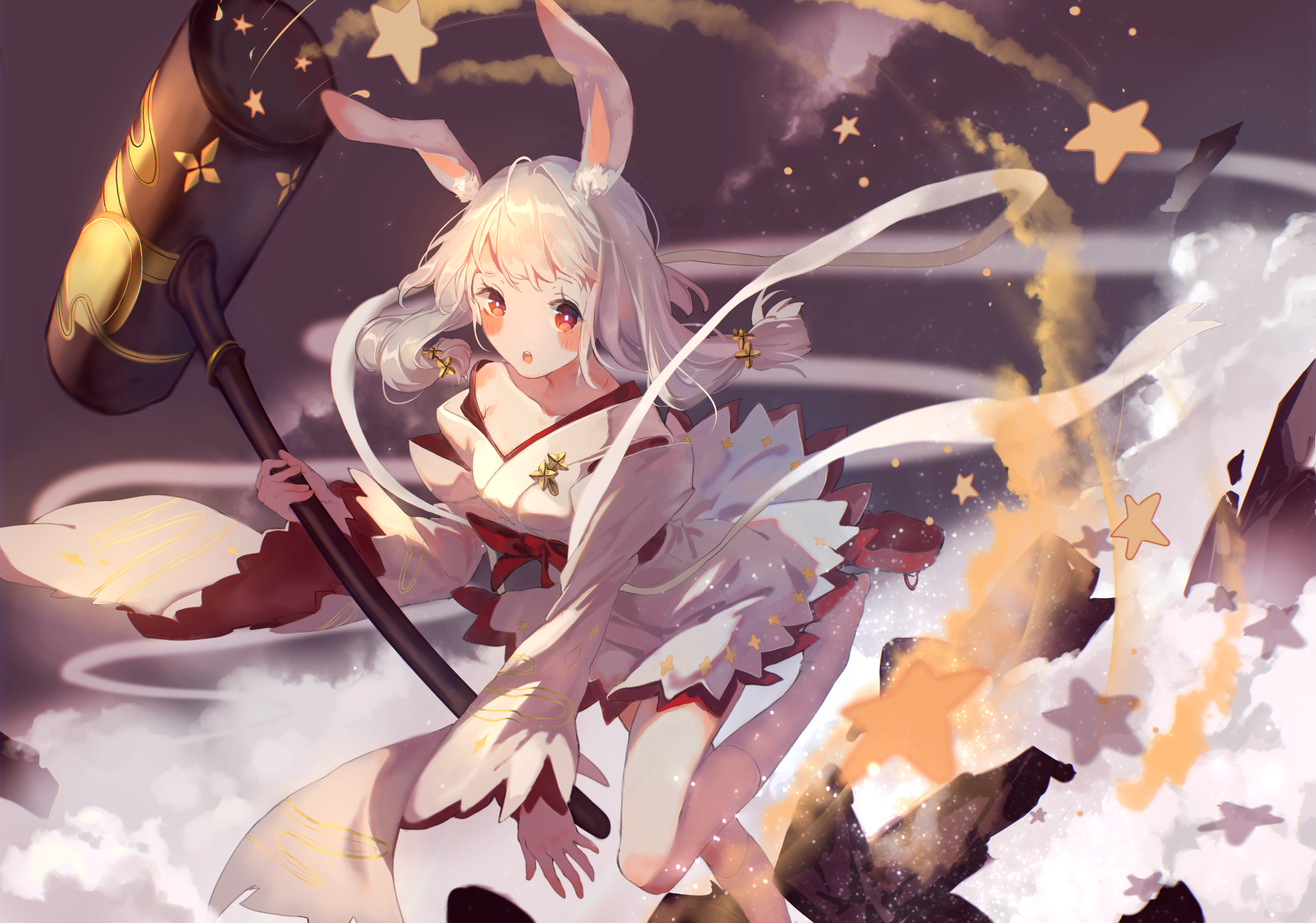 Anime girl with bunny ears holding a hammer HD Wallpaper
