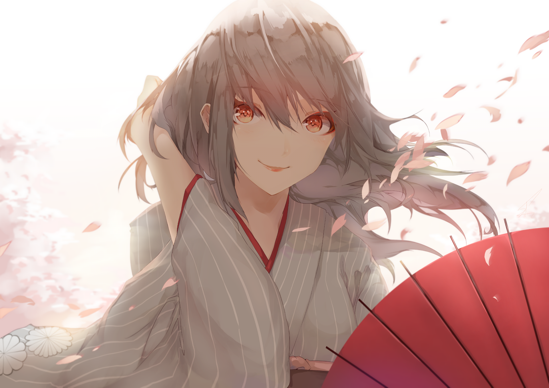 Anime girl with silver hair and red eyes in Japanese clothes HD Wallpaper