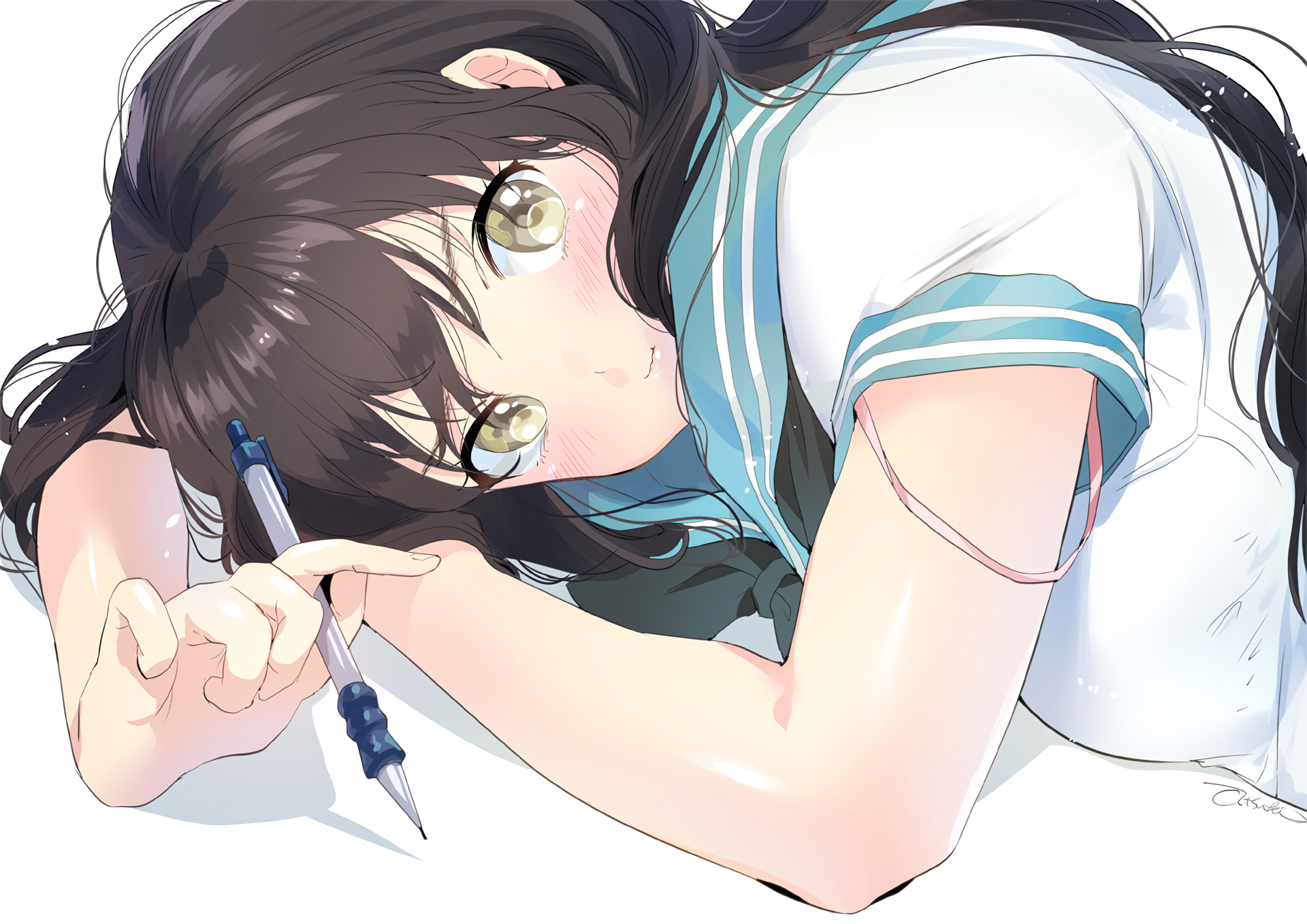 Ogino Atsuki in a school uniform holding a pen HD Wallpaper