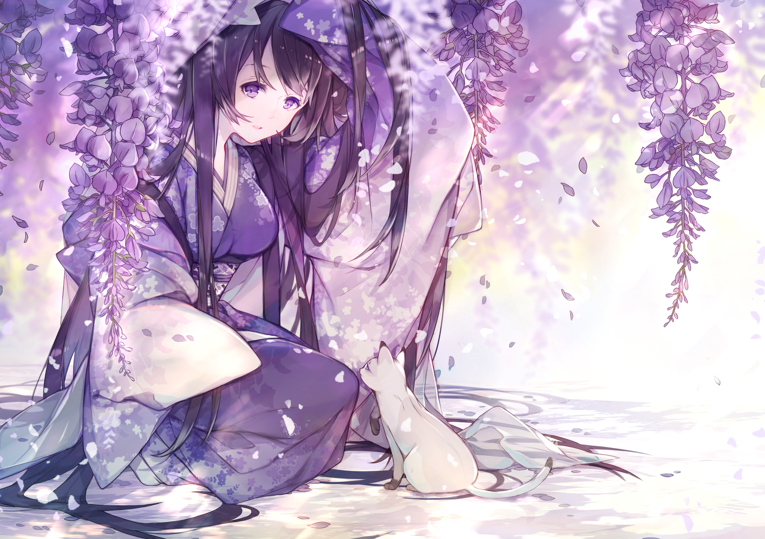 Anime girl in kimono with cat under wisteria HD Wallpaper