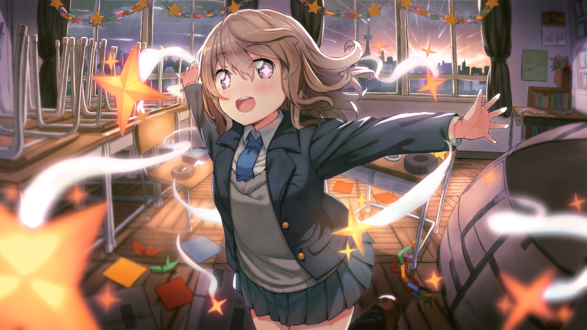 Anime girl in classroom with city view HD Wallpaper