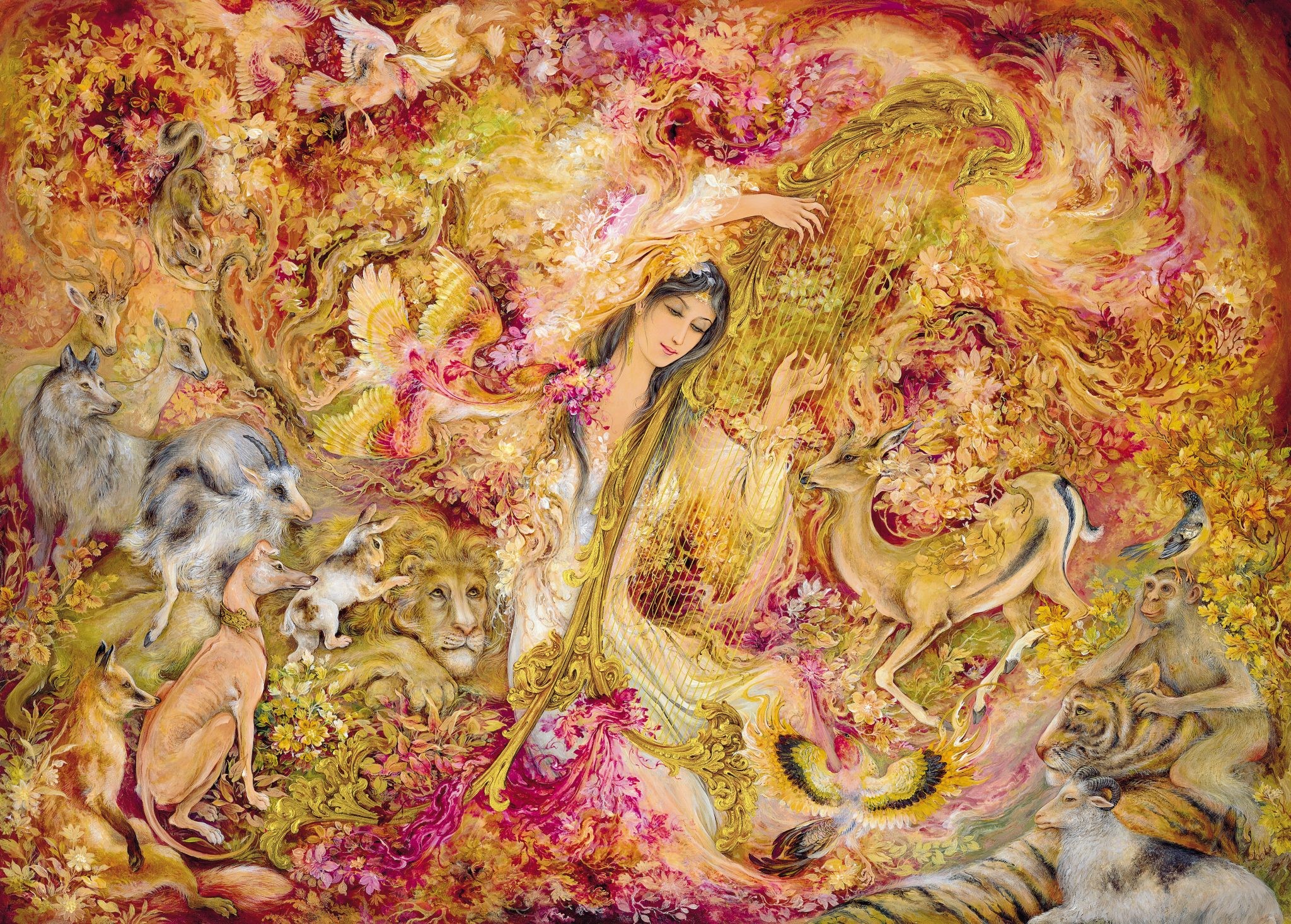 Persian painting of a woman playing a harp surrounded by animals HD Wallpaper