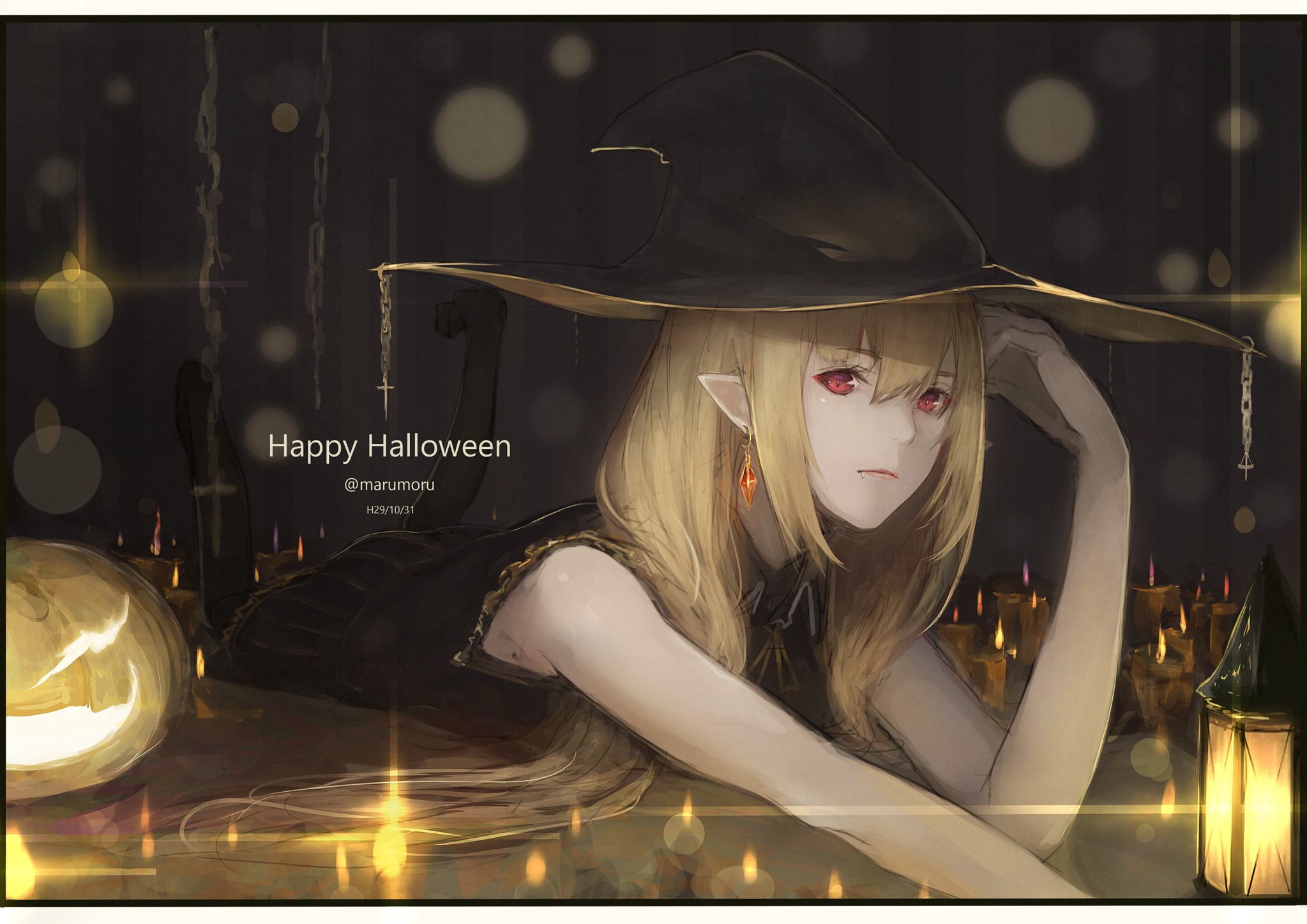 Anime girl in witch hat for Halloween HD Wallpaper