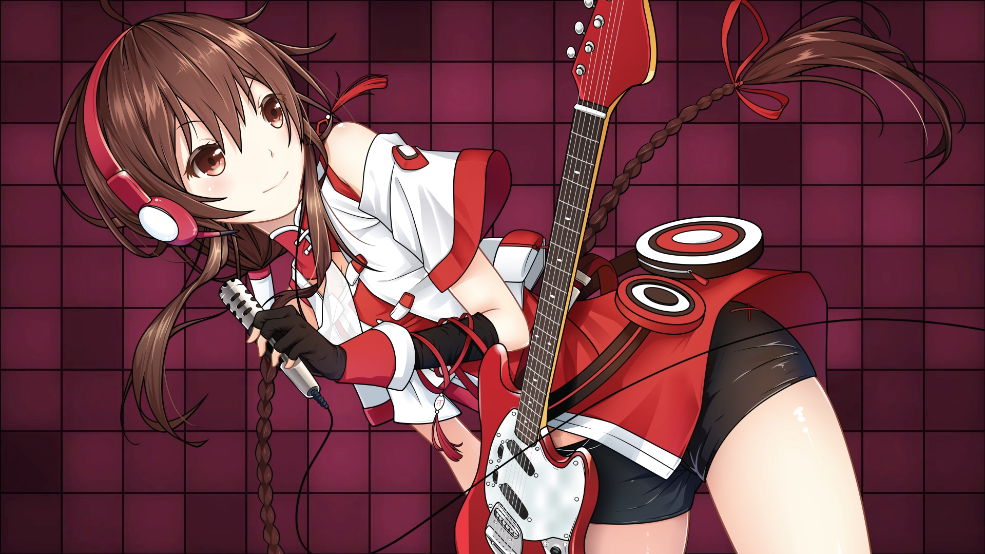 Anime girl with headphones and guitar HD Wallpaper
