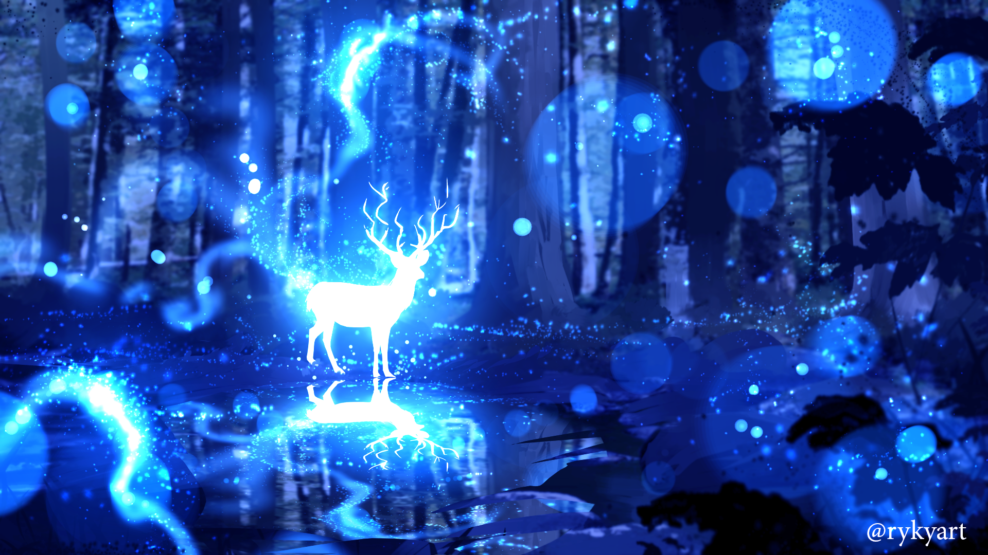 White deer with glowing blue magic in a dark forest HD Wallpaper