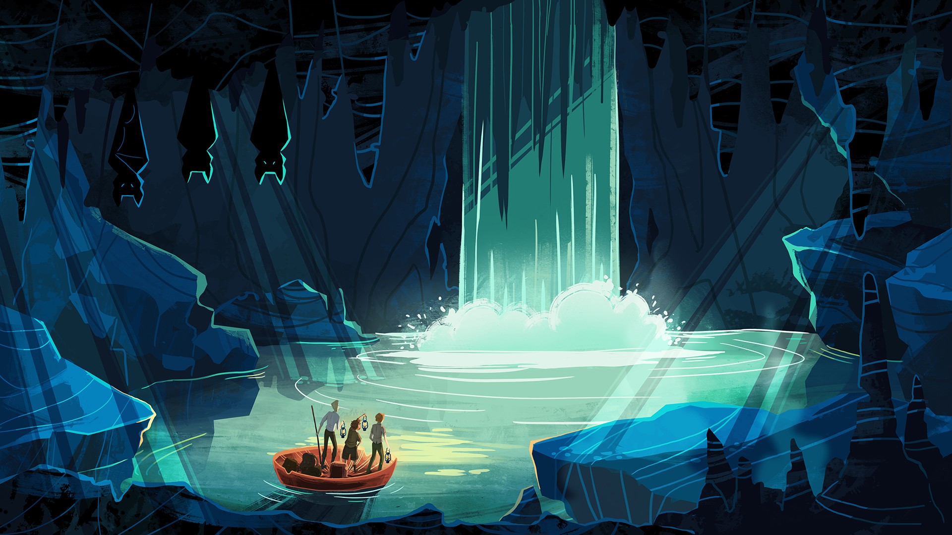 Children in a boat in a cave with bats and waterfall HD Wallpaper