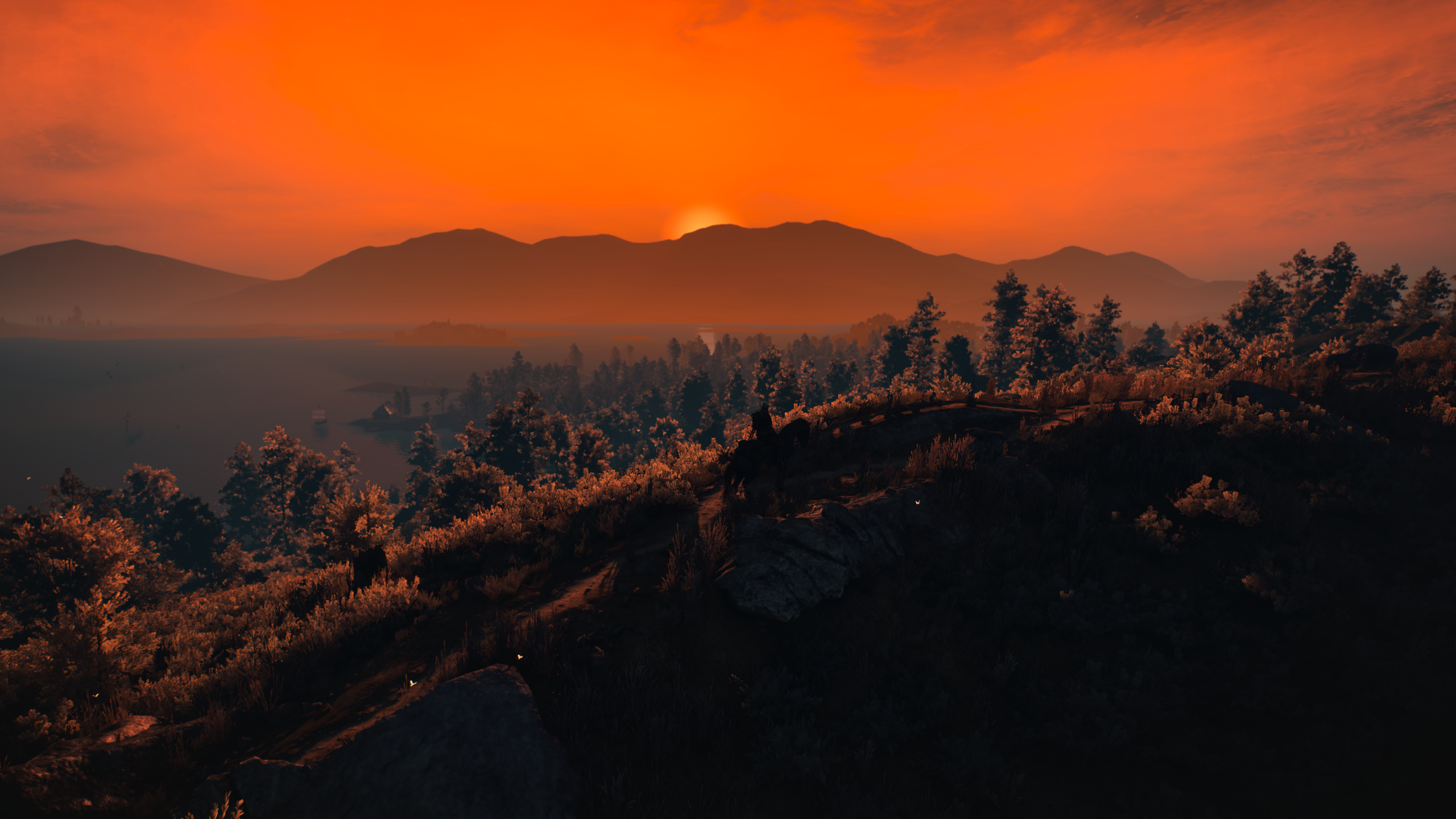 Sunset over mountains and forest in The Witcher 3 HD Wallpaper