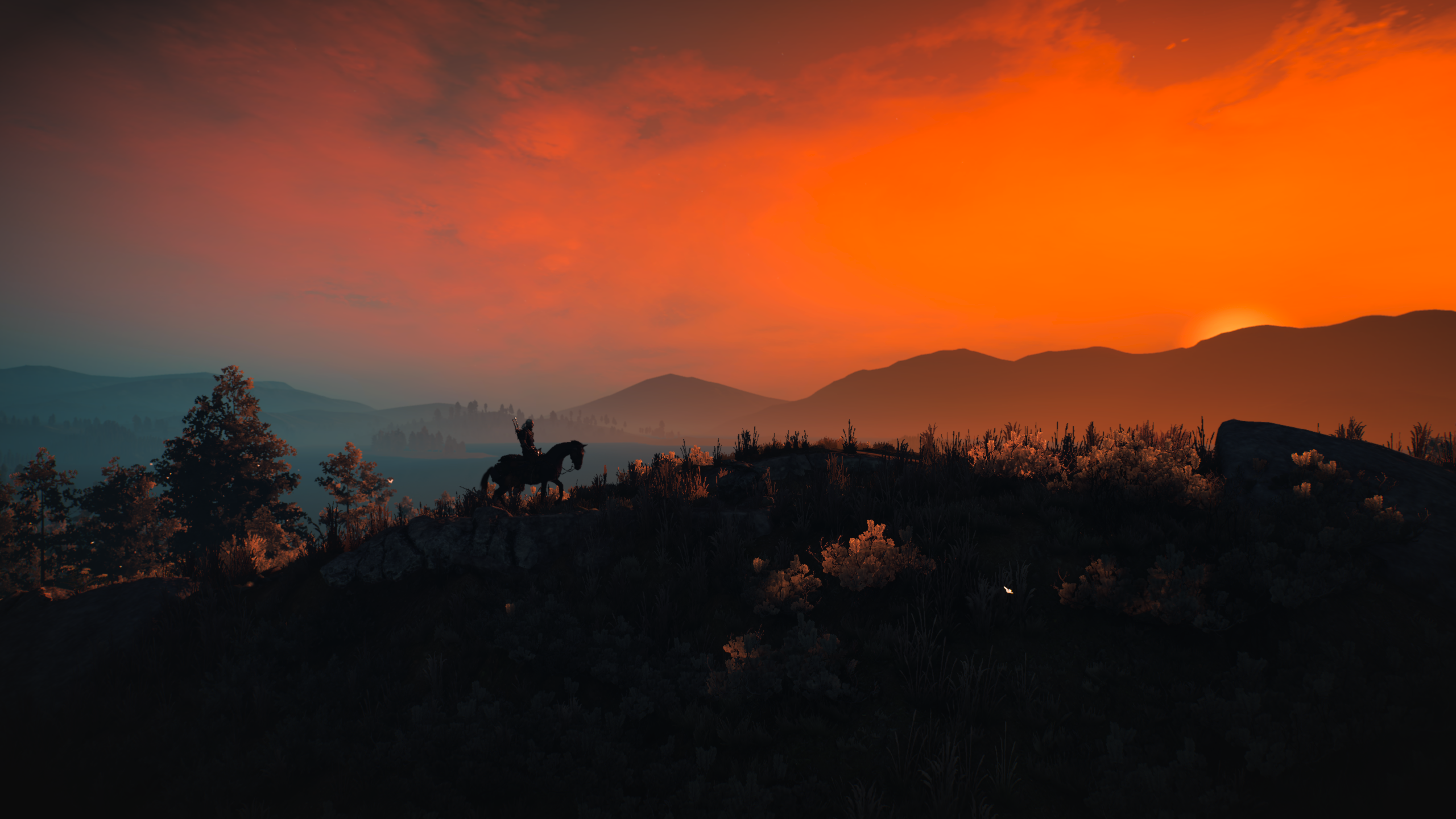 Geralt on horseback at sunset in The Witcher 3 HD Wallpaper